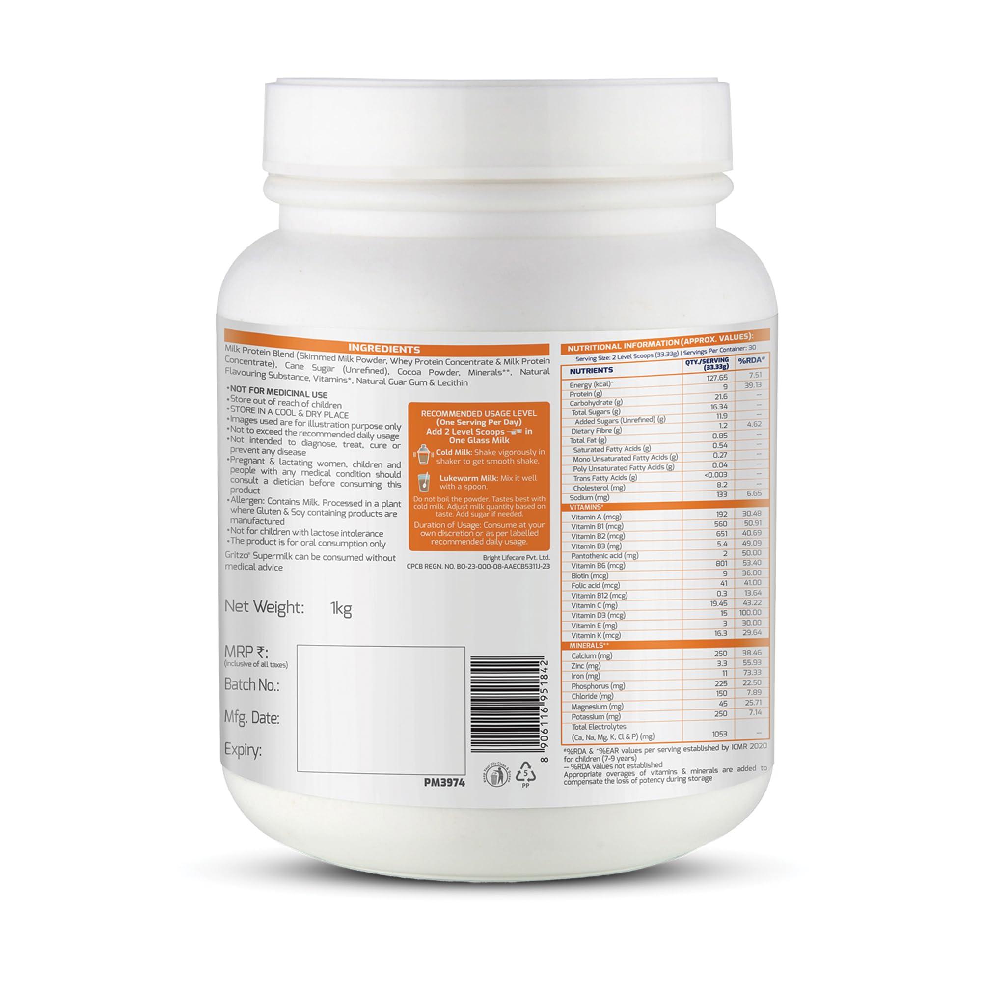 Gritzo Gritzo SuperMilk Daily Nutrition (7-12y Young Athlete), 9g Protein (Double Chocolate, 1kg) | Zero Refined Sugar, 21 Vitamins & Minerals