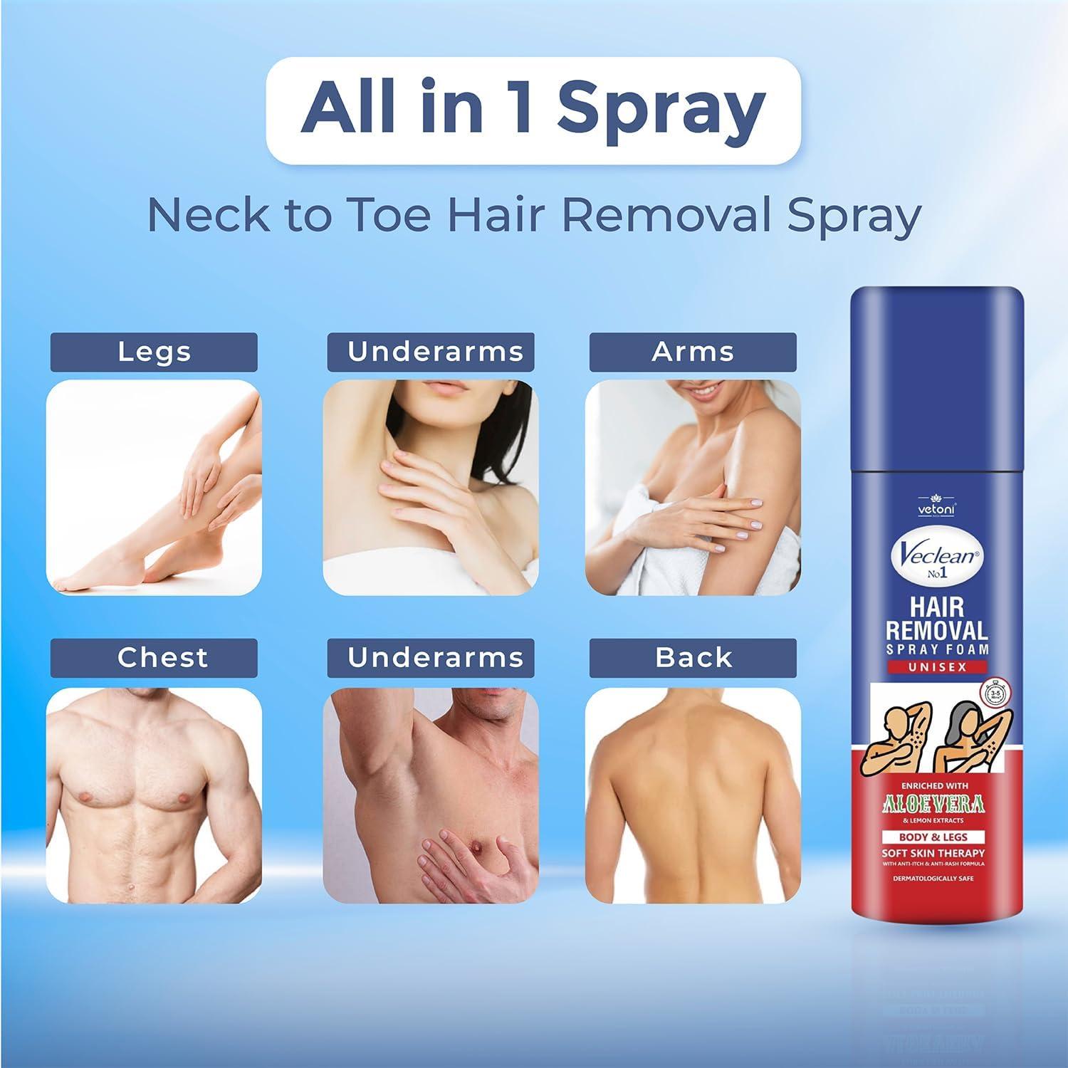 Vetoni Vetoni Veclean Hair Removal Spray Foam, 200ml x 2, for Men & Women, 3 Mins Formula, Painless, Enriched with Aloe Vera & Lemon, for Chest, Back, Legs & Underarms
