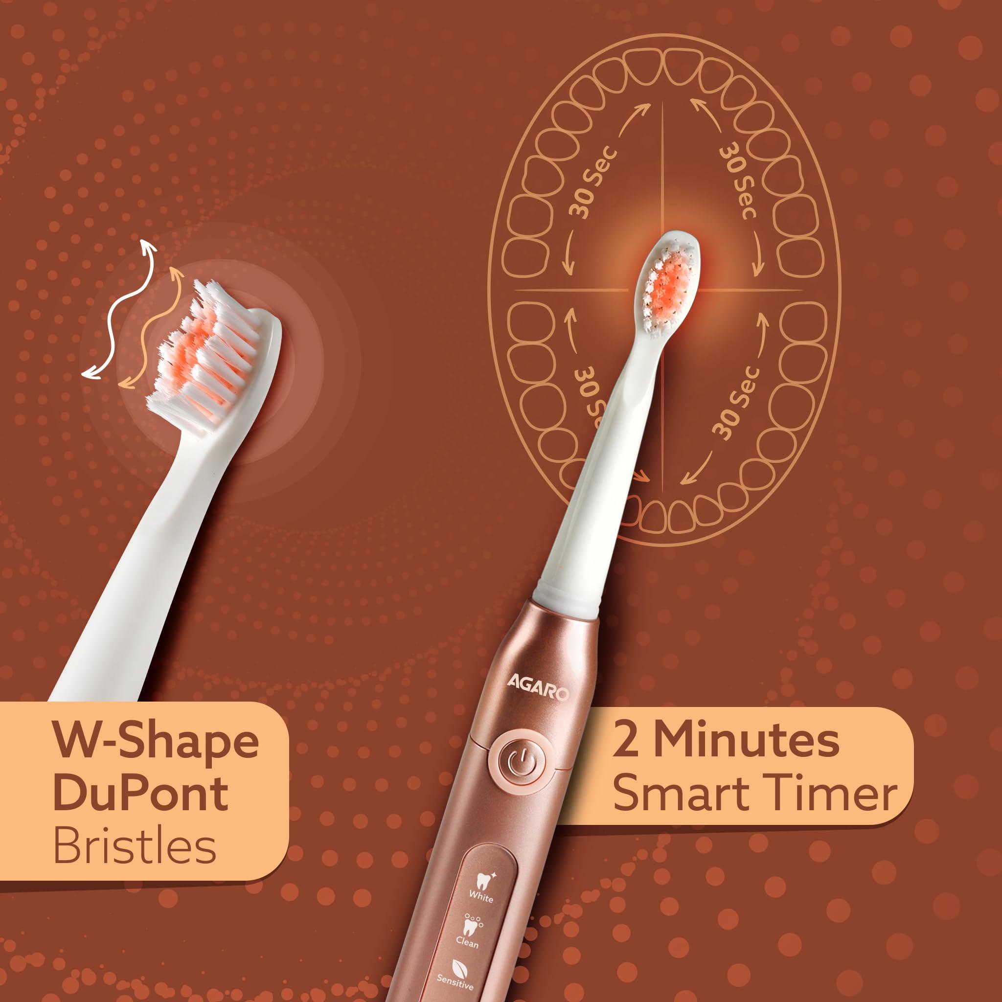 AGARO AGARO Cosmic Plus Sonic Electric Tooth Brush for Adults with 5 Modes, 5 Brush Heads, 1 Interdental Head, Carry Case & Rechargeable with 4 Hours Charge Lasting Up to 25 Days,Power Toothbrush(Rosegold)