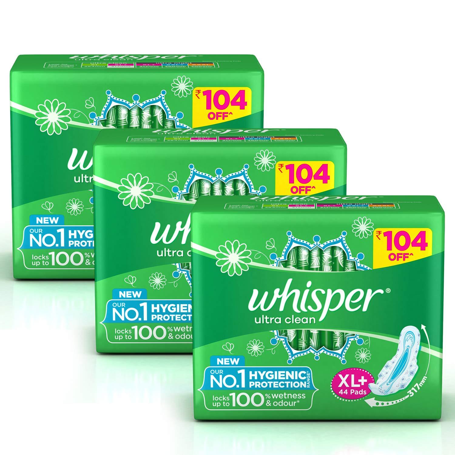 Whisper Whisper Ultra Clean Sanitary Pads for Women, XL+ 44 (Pack Of 3) Napkins