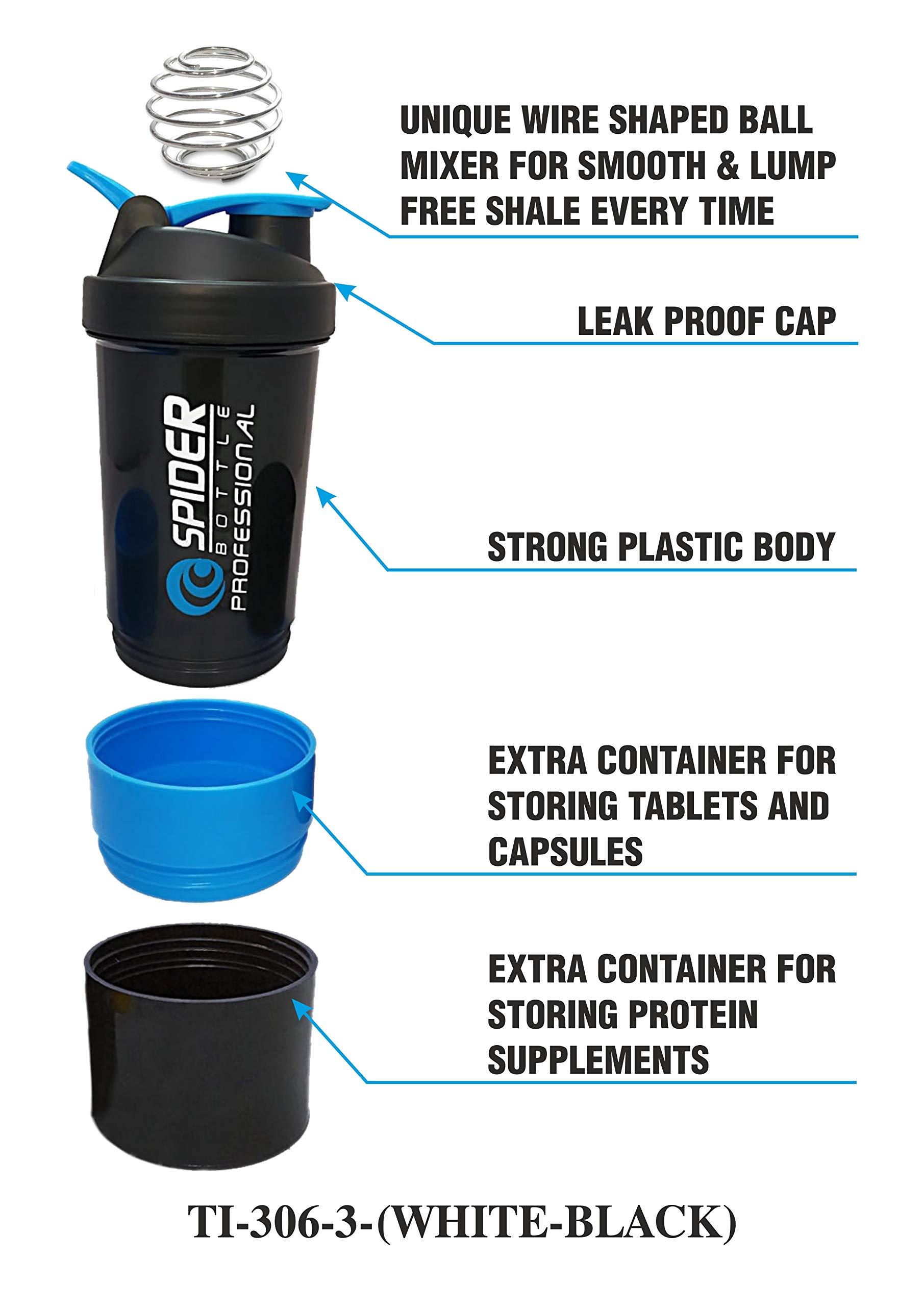 TRUE INDAIN TRUE INDIAN Combo of Spider Bottle 500 ml with 2 Storage Compartment Cup for Gym (Pack of 2 Black, Blue) Protein Shaker Blender Bottle for Whey Protein Mix