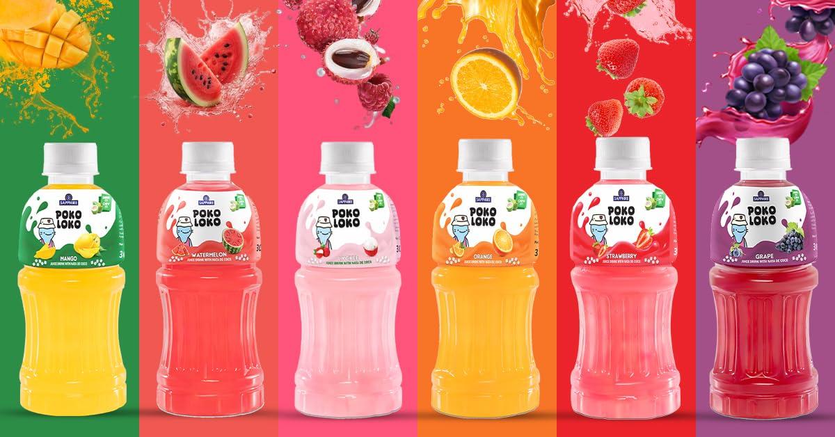Sapphire Sapphire Poko Loko Strawberry Flavoured Fruit Juice Drink with Nata De Coco | Refreshing Fruit Drink filled with Natural Fruit Fibres, 300ml (Pack of 6)