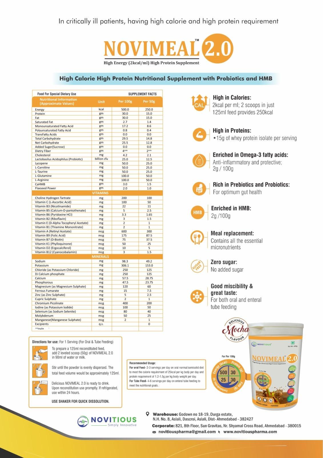 NOVIMEAL 2.0 Novimeal 2.0 High Calorie High Protein Nutritional Supplement, Delicious Mocha (Sugar Free)