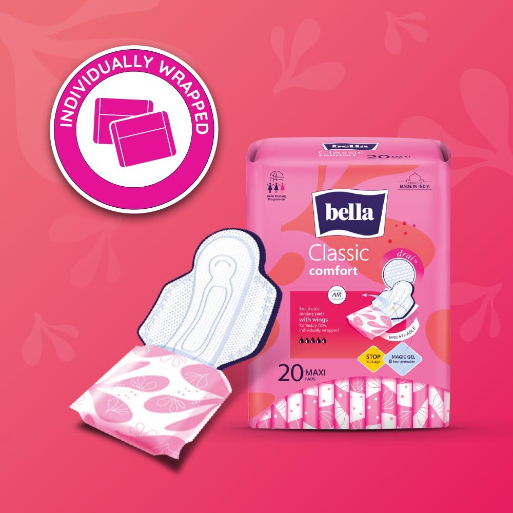 Bella Bella Classic Comfort Maxi Drai Pads/Sanitary Napkins For Women, Maximum Dryness, 28 Cm Long With Wings, For Rash Free Period, Suitable For Heavy Flow, Disposable Wrap, Size Xl, Pack Of 1, 20 Pcs