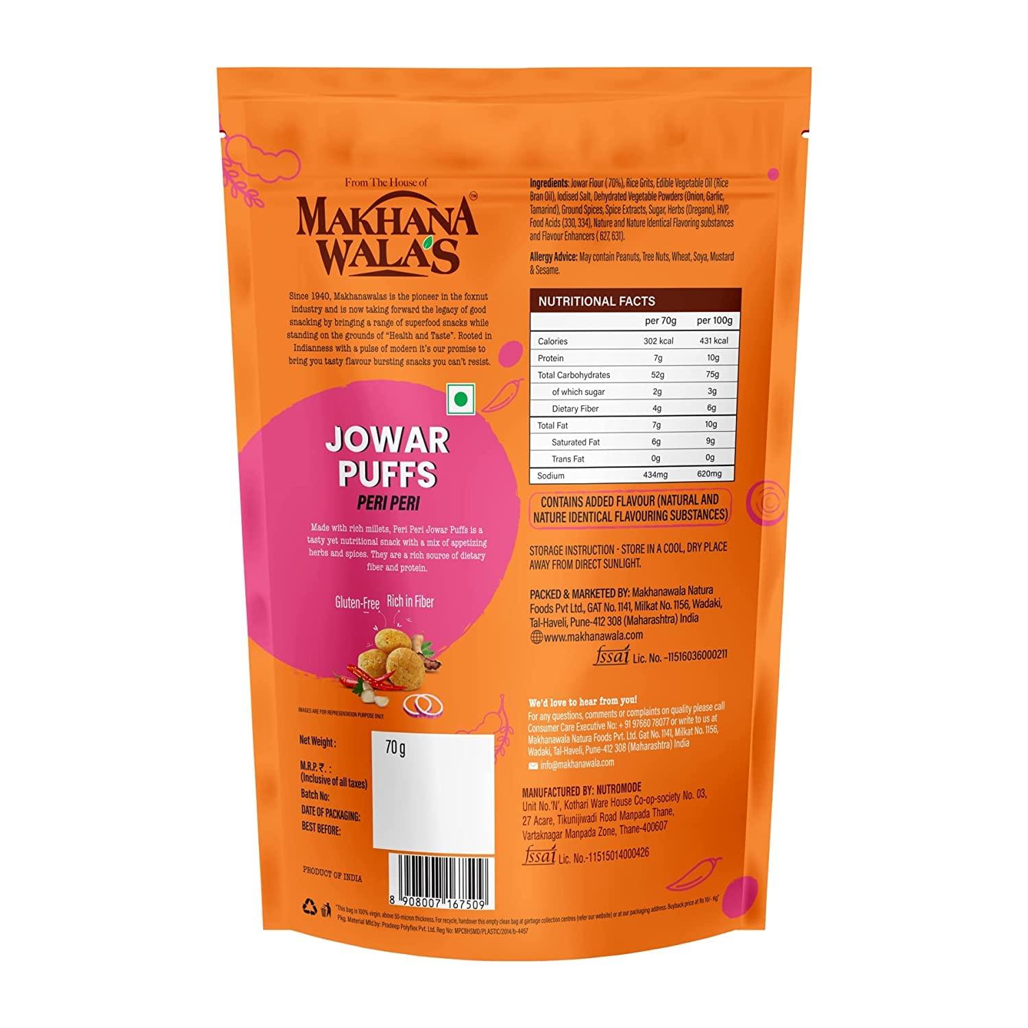 FROM THE HOUSE OF MAKHANAWALA’S Makhanawala’s Jowar Puff Peri Peri Makhana Gluten Free Vegan Healthy Snacks Pack of 3, 70 g Each (Peri Peri)