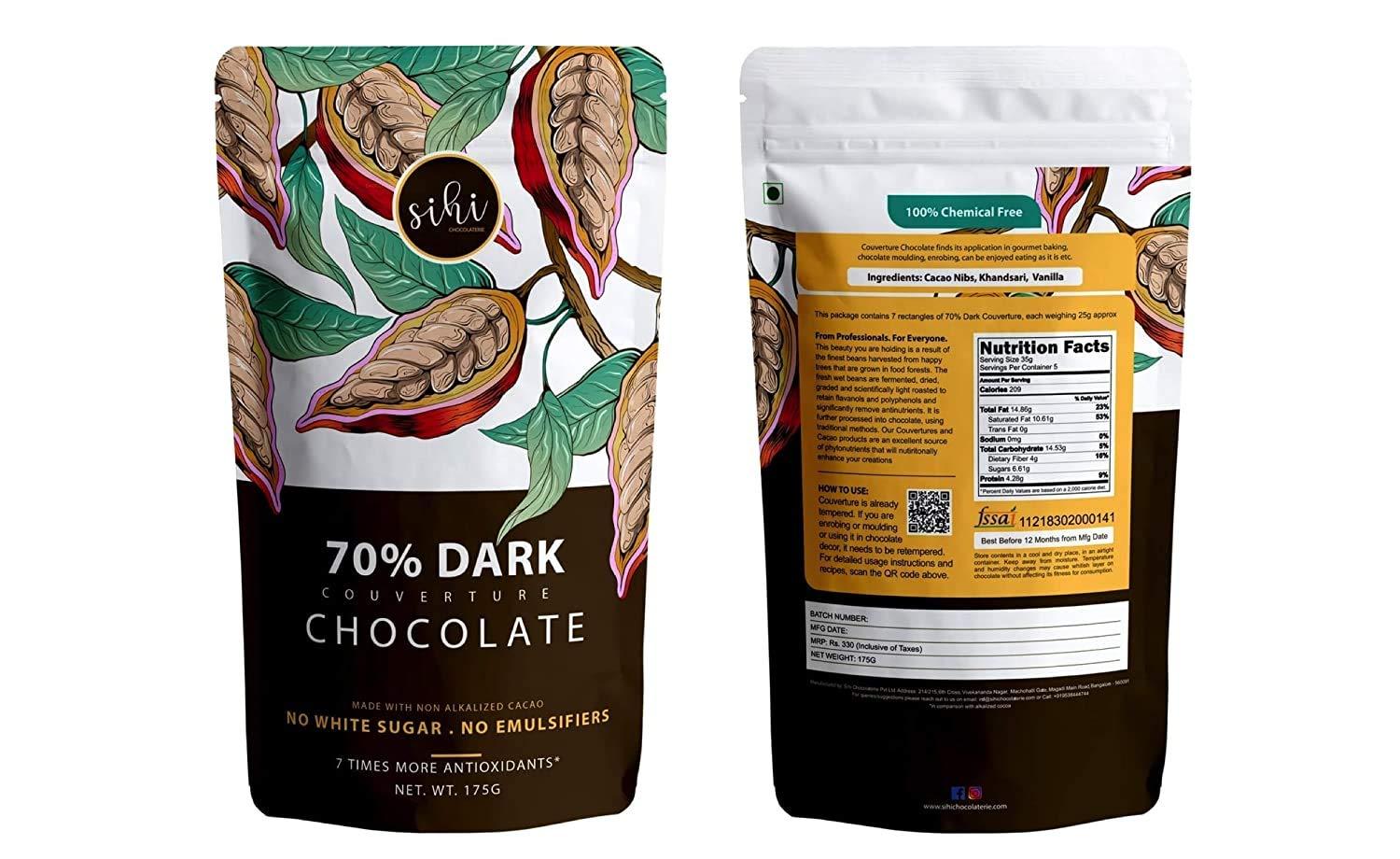 Sihi Chocolaterie Sihi Chocolaterie - 70% Dark Chocolate Couverture, Organic & Non Alkalized|No White Sugar|Smooth & Creamy|Best For Baking Or Eating|High In Antioxidants|Vegan, Plant Based - 150G (Pack Of 1)