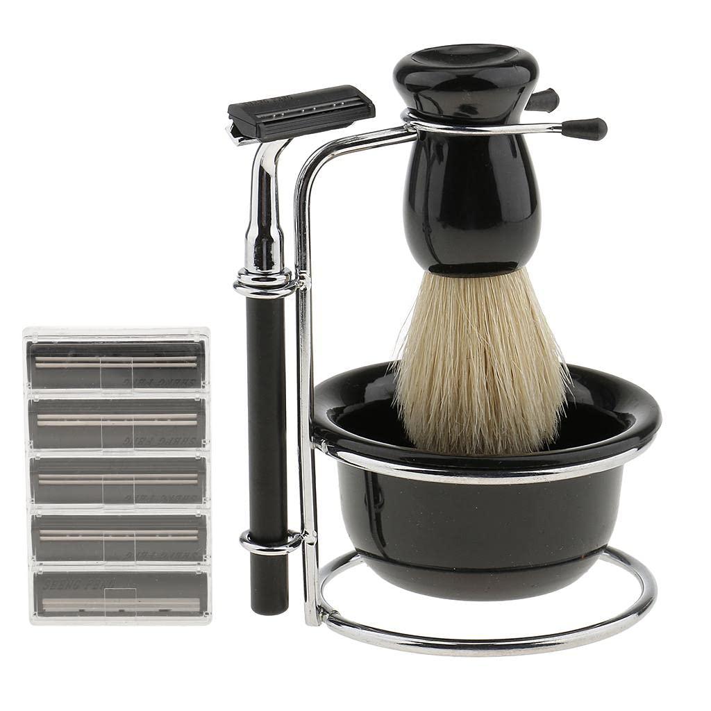 LICHTS LICHTS Anself 5 in 1 Men\'s Manual Razor Set Stainess Steel Stand Holder Wet Shaving Beard Razor Shaving Brush Bowl