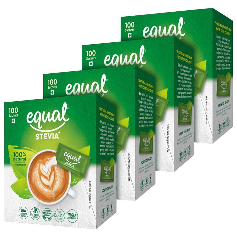 Equal Equal Stevia Natural Sweetener, Sugar Free, 100 Sachet, Pack of 4