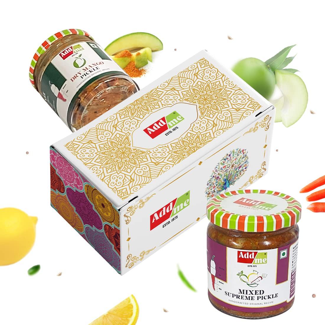 Add me Add me Mixed Supreme Pickle 200gm, Dry Mango Pickle, sukha North Indian aam ka achar 150gm Mix Combo Gift Pack Glass Jar