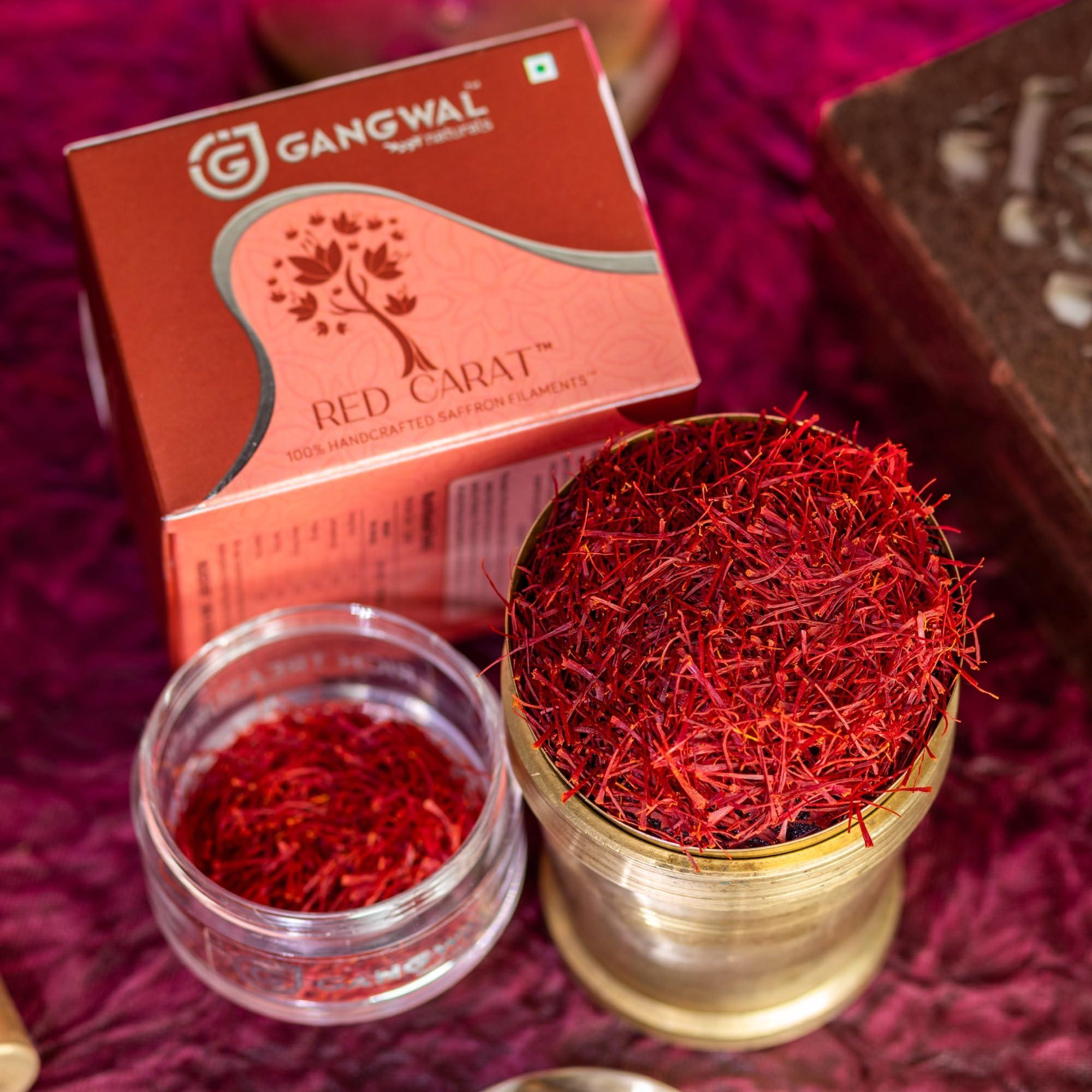 GANGWAL NATURALS Gangwal Naturals Red Carat Gift Pack Original Kesar Saffron | 100% Pure Kesar | Long Kesar Threads | Suitable For Pregnant Women, Food Aroma, Sweets, Beverages, Medicinal, Pooja and Beauty | Natural Stone Bowl + Tweezer Included | 5g
