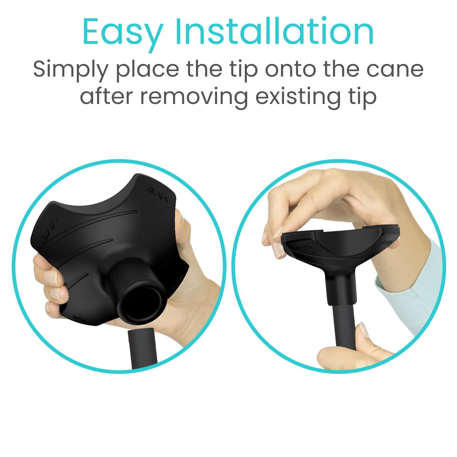 VIVE Vive Self Standing Cane Tip - 3/4 Inch Replacement - Heavy Duty Rubber Quad Base for Walking, Folding & Medical Canes - Stable Grip Traction Attachment - for Men, Women, Elderly & Seniors (Black)