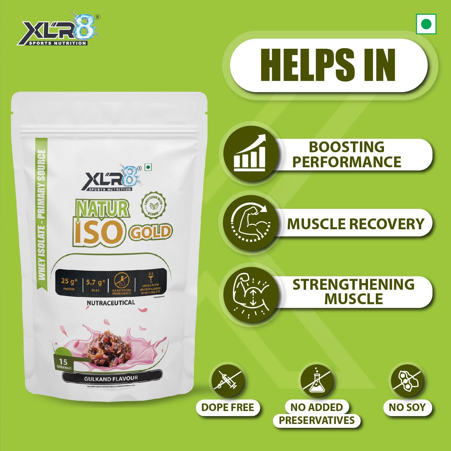XLR8 XLR8 Natur Iso Gold Whey Protein Isolate, 25g Protein, 5.7g BCAA, Sweetened with Stevia, VEGETARIAN, ZERO SUGAR, Muscle Support and Recovery (500 g (Pack of 1), Gulkand Flavour)