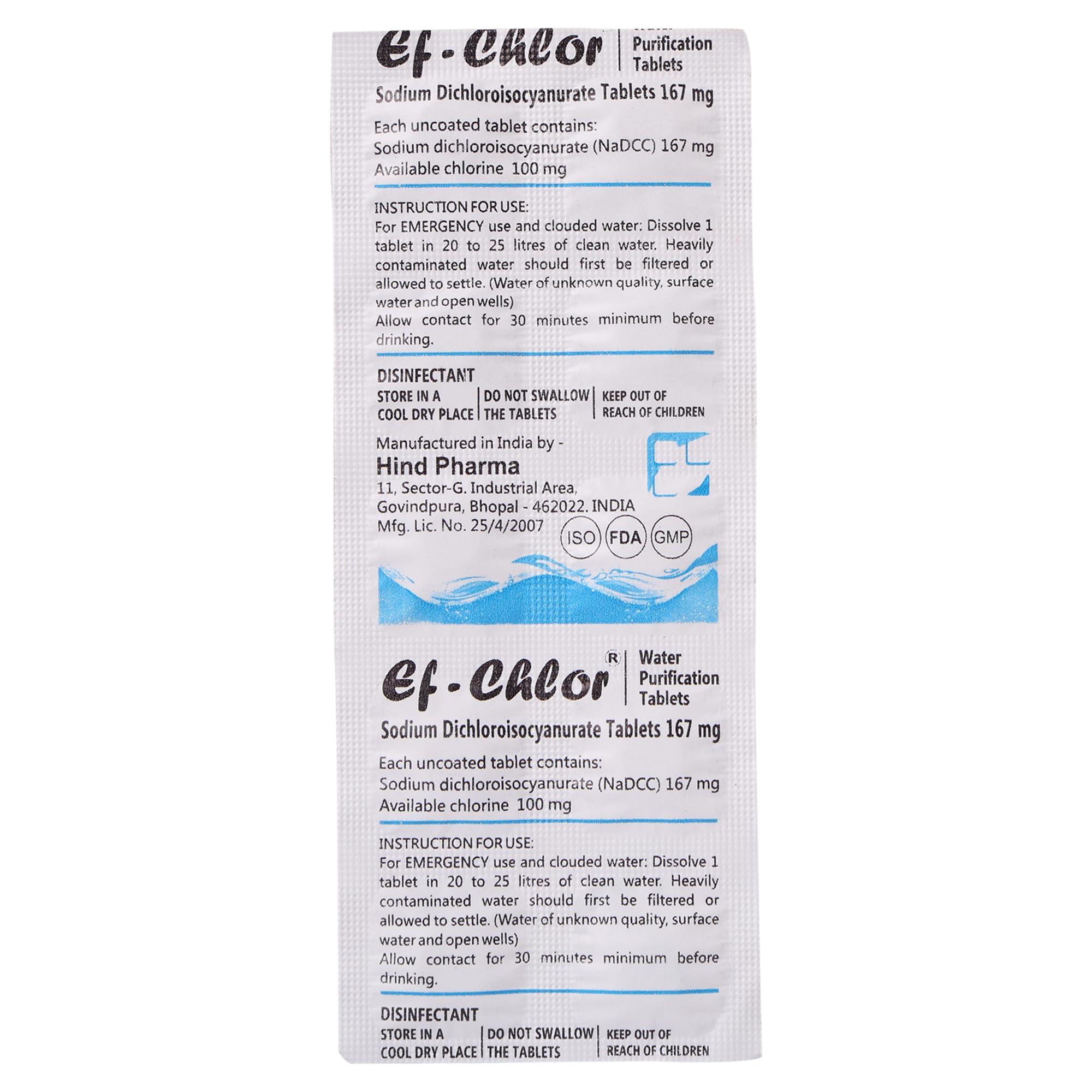 Ef-Chlor Ef-Chlor 167 mg Water Purification Tablets/NaDCC Tablet / 100 Tablets Pack/Rapidly Effective Against Bacteria, Viruses, and Spores/Purifies 20 Liters of Drinking Water per tablet