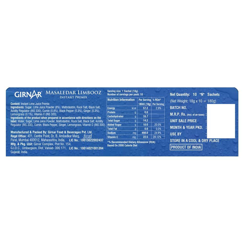 Girnar Girnar Masaledar Limbooz, Lemongrass, Cumin, Ginger, Instant (10 Sachets)