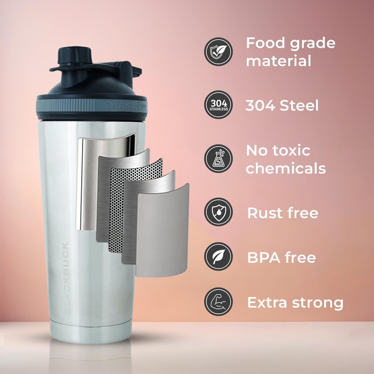 BLACKBUCK BLACKBUCK Shaker Pro: Doublewall Vacuum Insulated Stainless Steel Shaker With Noise Proof Technology,Superior Shake Without Leaks,Best For Pre Workout Shakes And Protein Mixes(Oyster Silver),750 ml