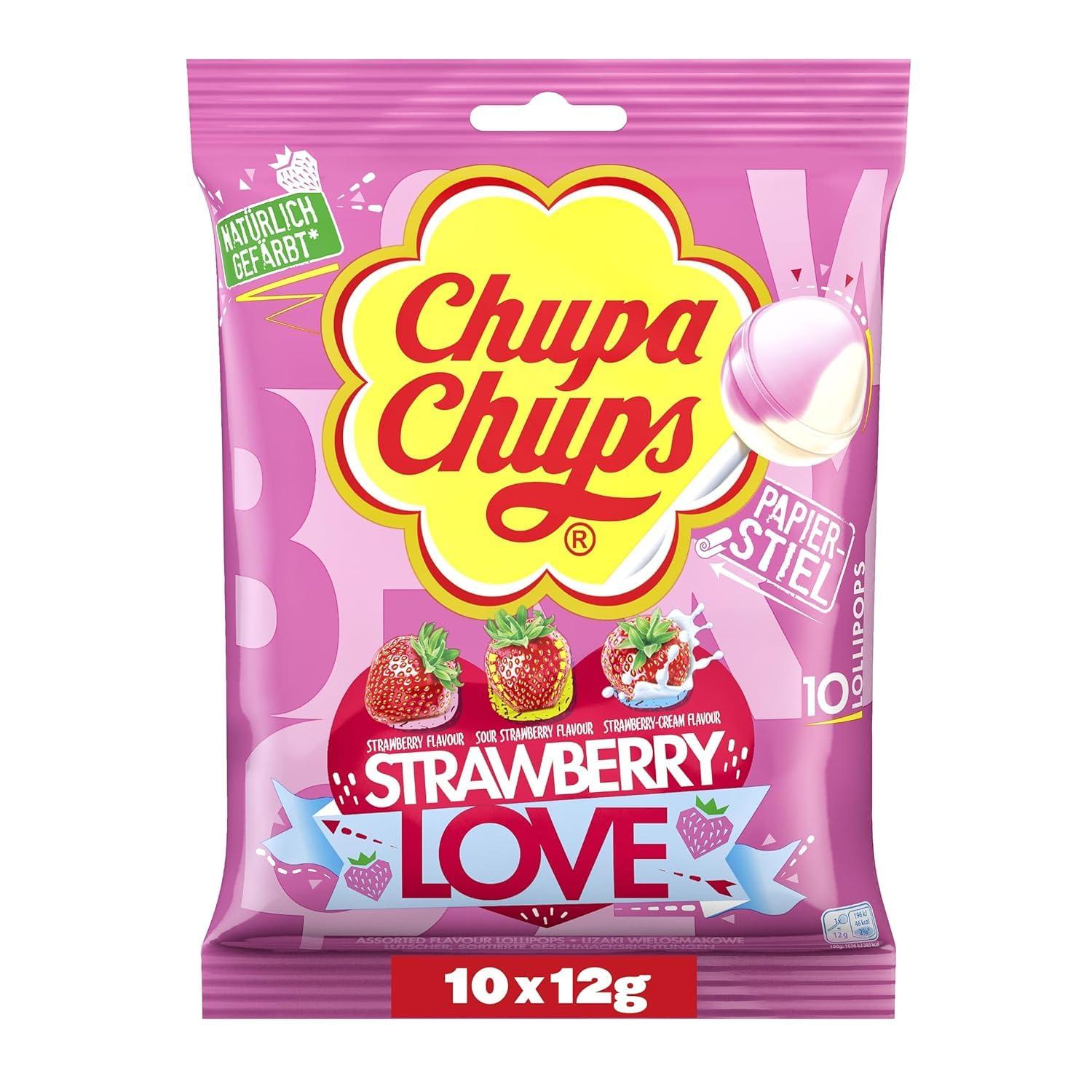 Chupa Chups Chupa Chups Strawberry Love Flavor 10 Lollipops (Strawberry, Sour Strawberry & Strawberry Cream)Imported, 120g
