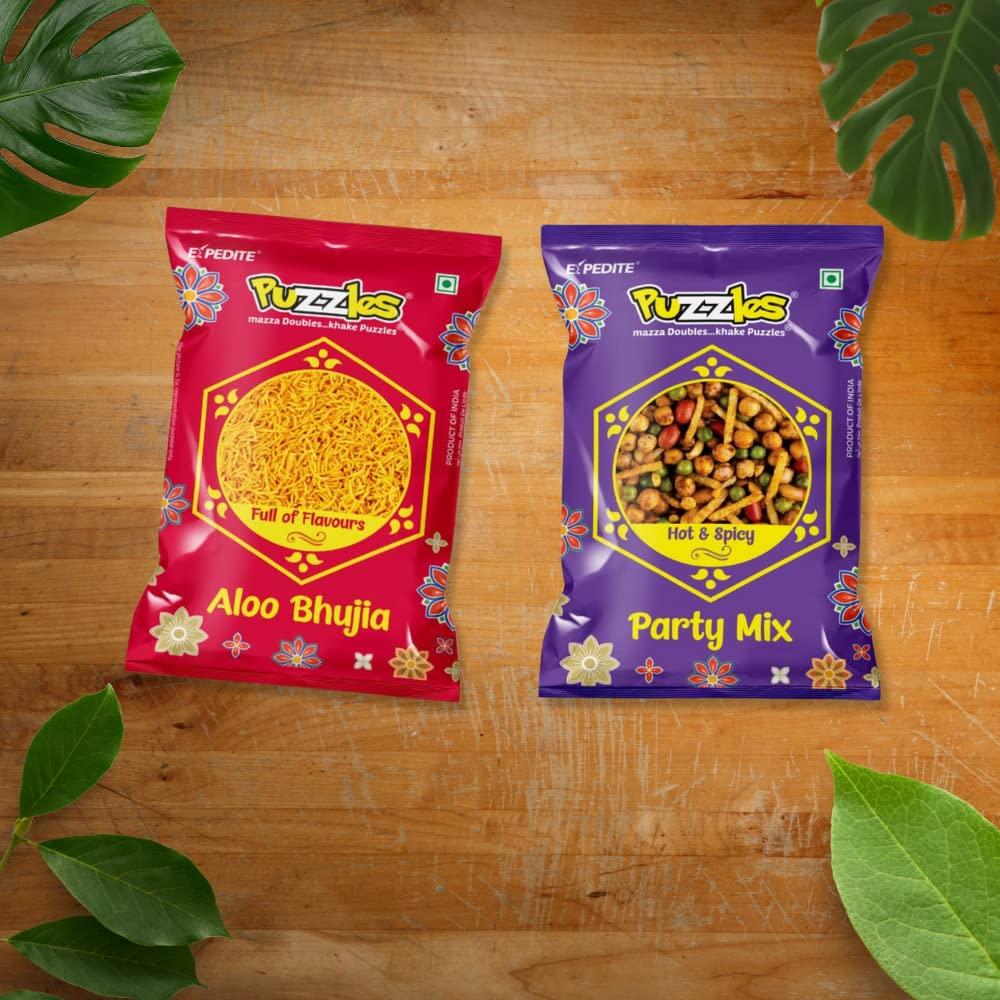 Puzzles PUZZLES Chatpata Namkeen Box, Aloo Bhujia + Party Mix, Special Namkeen Combo, India\'s Favourite Snack Made with All-Natural Ingredients, 170gm x Pack of 2