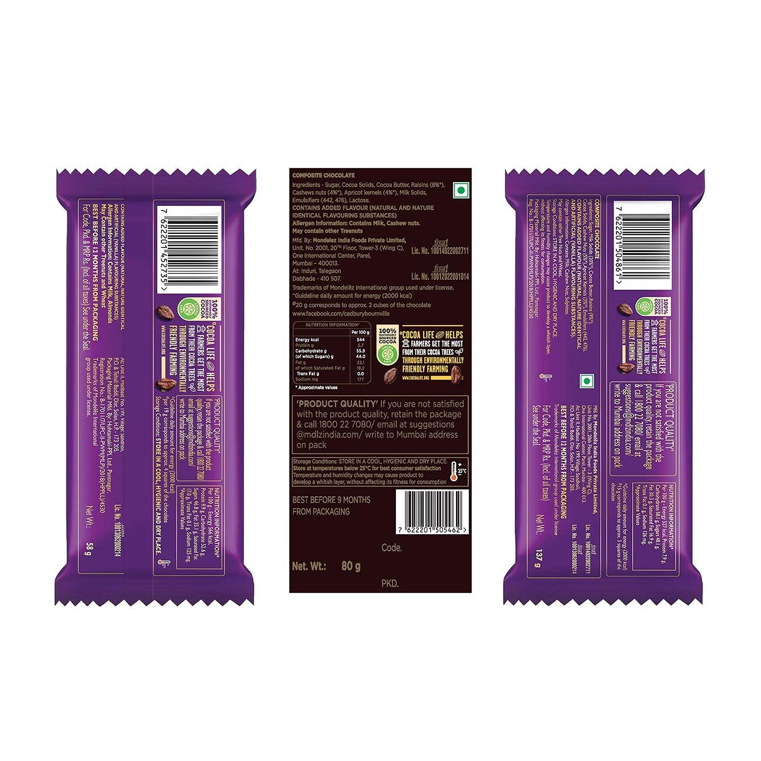 Cadbury Cadbury Chocolates Combo (2 x Silk Roast Almond 58g, 2 x Silk Fruit and Nut 137g and 2 x Bournville Raisin Nut 80g)
