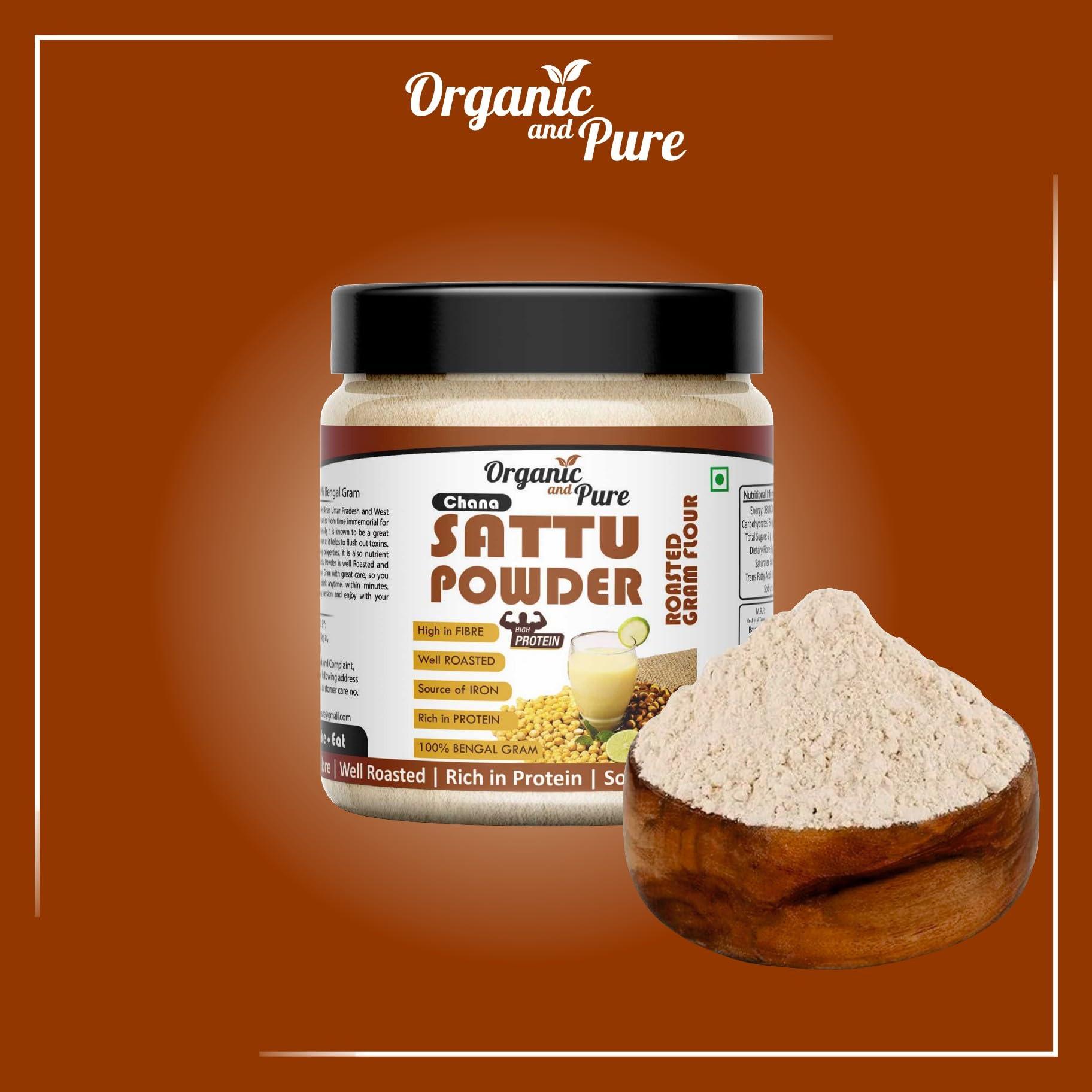 Organic and Pure Organic and Pure Chana Sattu Powder | Chana Ka Sattu | Roasted Gram Flour for Drink, Weight Gain, Protein, Muscle Gain (Jar Pack) (150g)