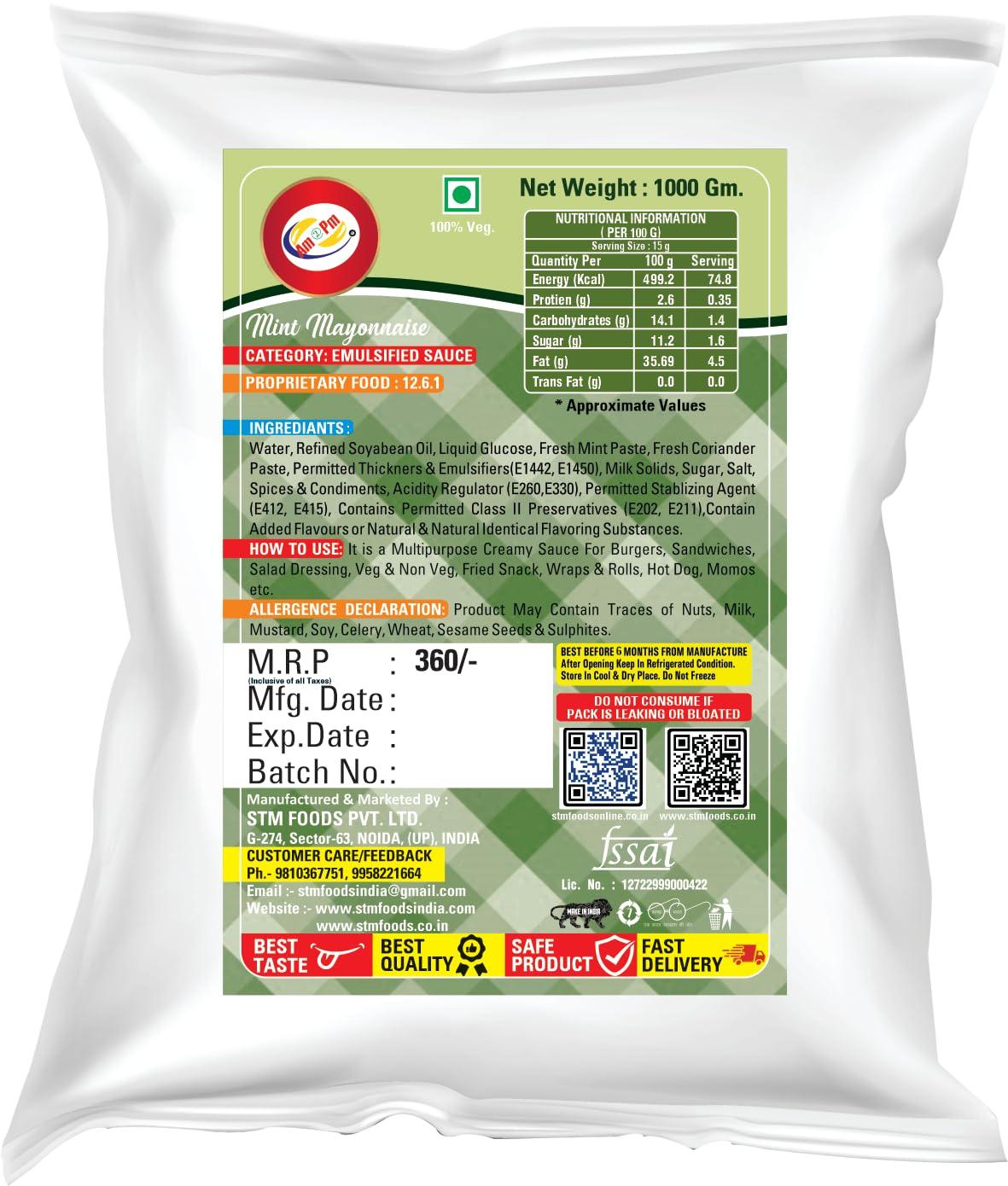 Am 2 Pm Am 2 Pm - Mint Mayonnaise Multipurpose Creamy Sauce For Burgers, Sandwiches Salad Dressing,Veg Non Veg Fried Snack Wraps & Rolls Hot Dog Momos - 1Kg