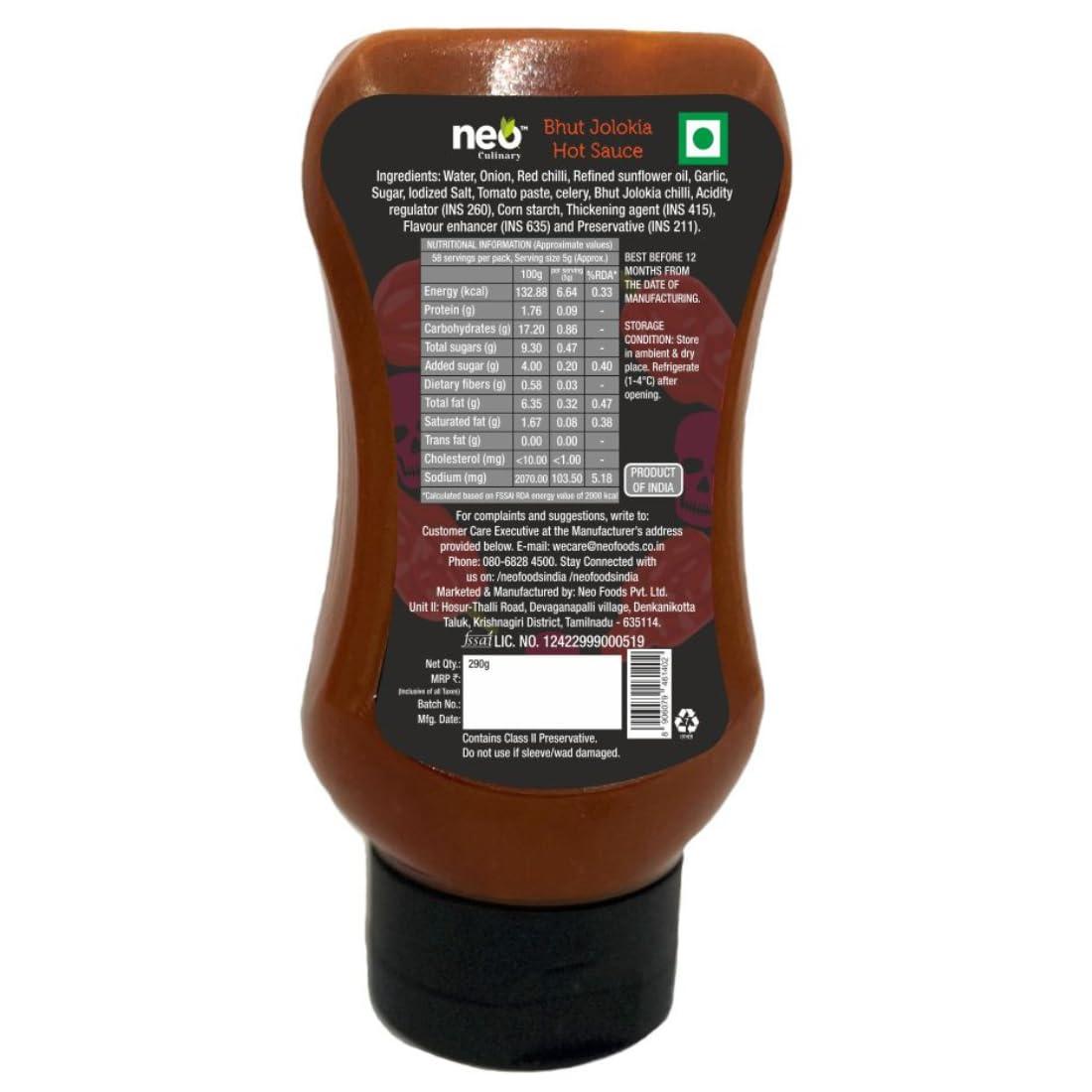 Neo Neo Bhut Hot Sauce 290g I Made of Ghost Peppers (Bhut Jolokia) I P1 I Extra Spicy Chilli Sauce I Topping & Dip for Snacks, Mix with Cheese, Mayonnaise I Ready to Eat Food I Farm Fresh I 100% Vegan I 290g (Pack of 1)
