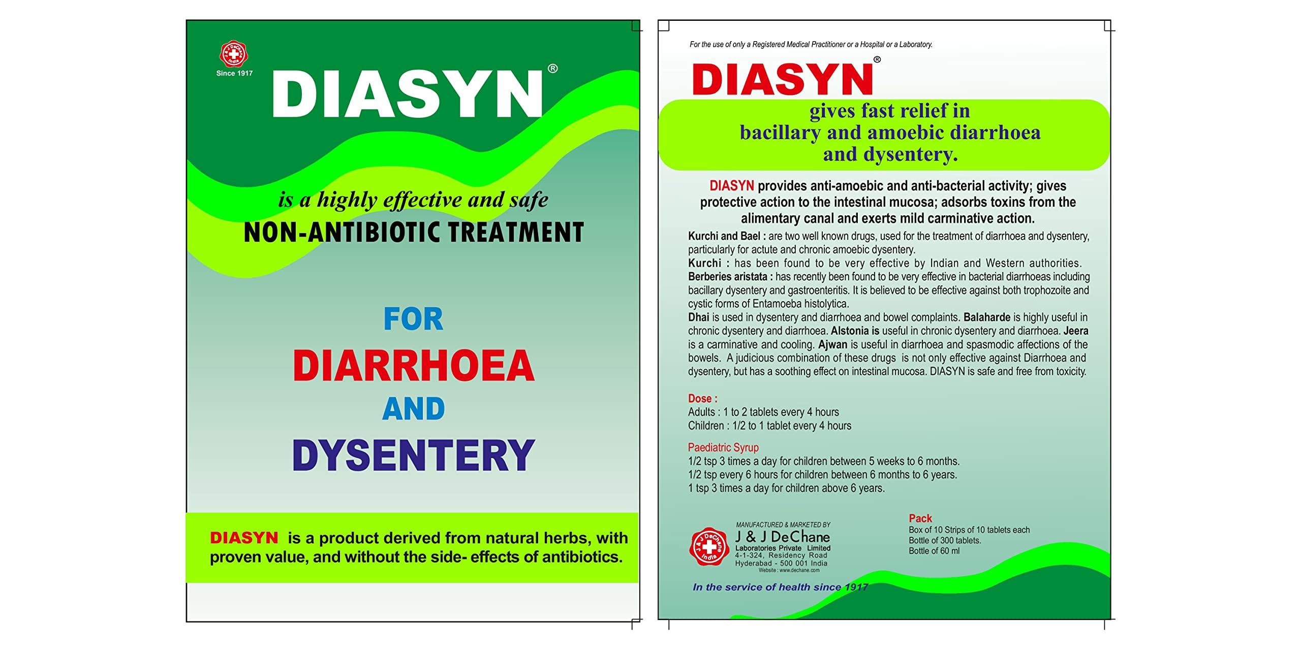 J & J DECHANE J & J DeChane - Diasyn 10×10 Tabs – For Diarrhea & Dysentery - Pack of 3