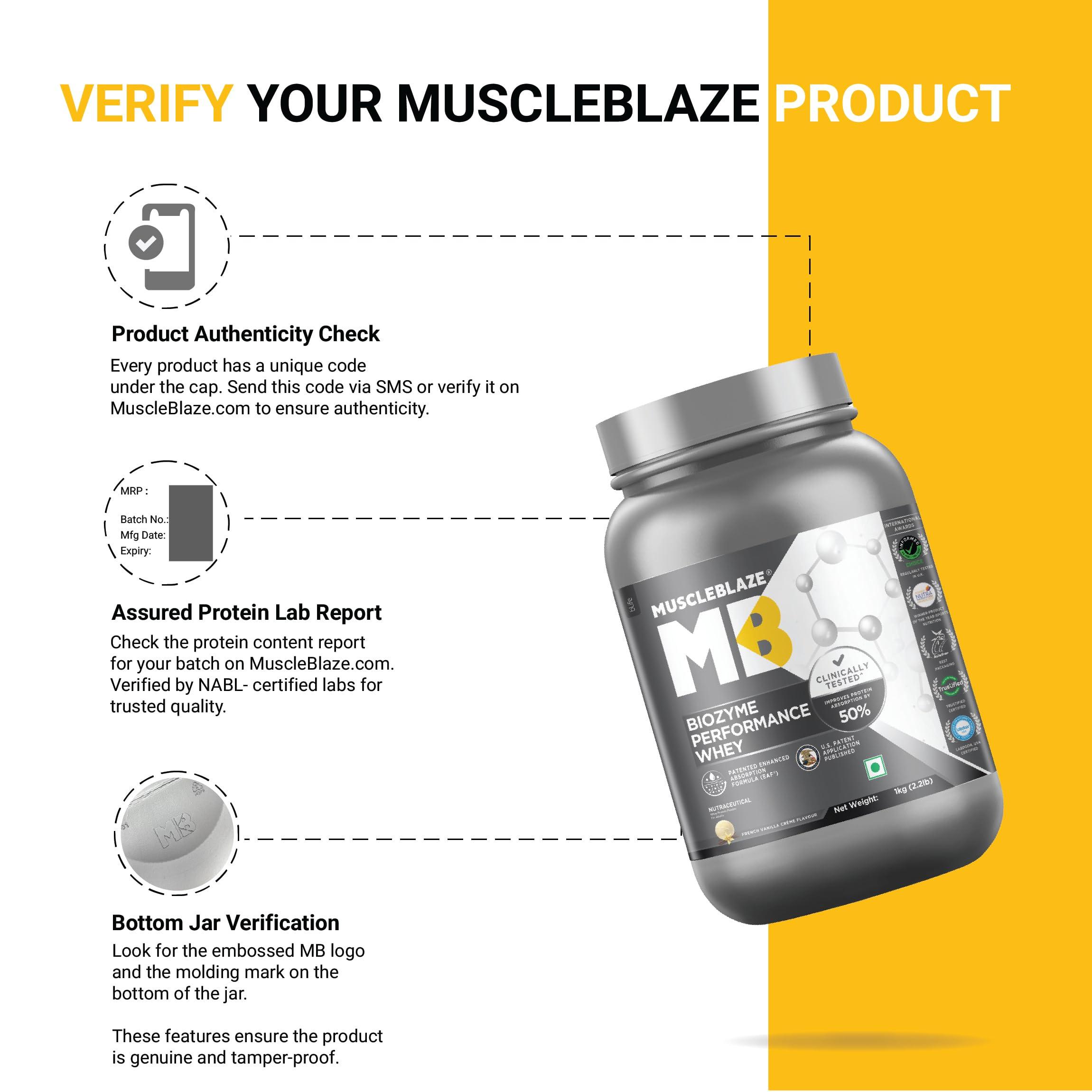 MuscleBlaze MuscleBlaze Biozyme Performance Whey Protein | Clinically Tested 50% Higher Protein Absorption | Informed Choice UK, Labdoor USA Certified & US Patent Filed EAF (French Vanilla Crme, 1 kg / 2.2 lb)