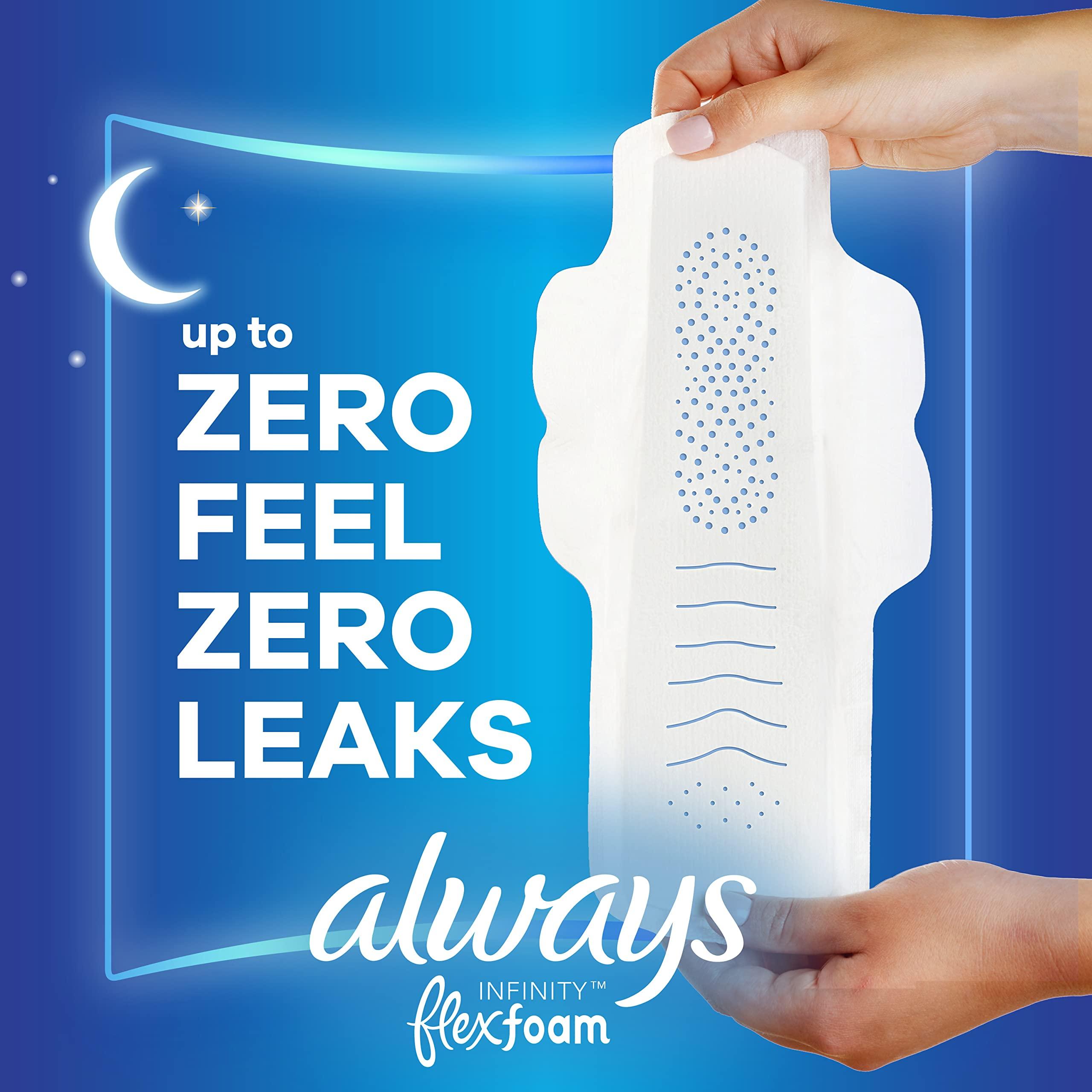 Always Always Infinity FlexFoam Pads for Women Size 5 Extra Heavy Overnight Absorbency, Up to 12 Hours Zero Leaks, Zero Feel Protection, with Wings Unscented, 30 Count