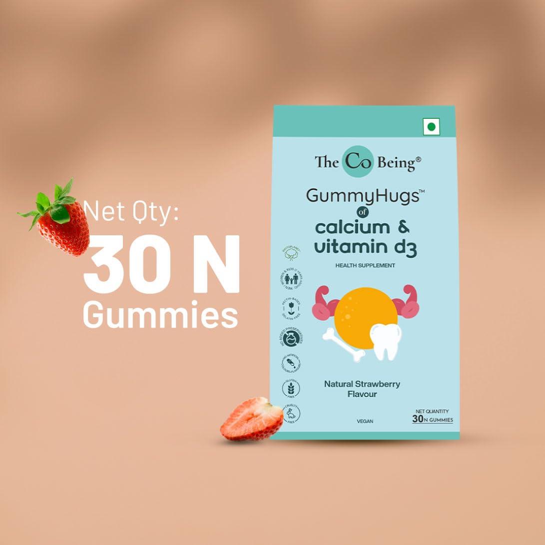 THE CO BEING The Co Beings Calcium Gummies with Vitamin D3 for Men, Women, and Kids, Vitamin D Supplement for Stronger Bones, Joints, and Teeth Health, Dairy Free, Vegan, 30 Day Supply, Natural Strawberry Flavour
