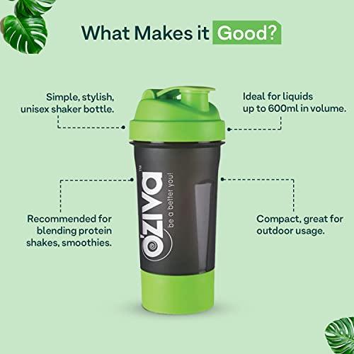OZiva OZiva Gym Shaker Green Top, 600ml with Detachable Storage Compartment & Mesh strainer, Shaker for Protein Shake, Gym & Shakes