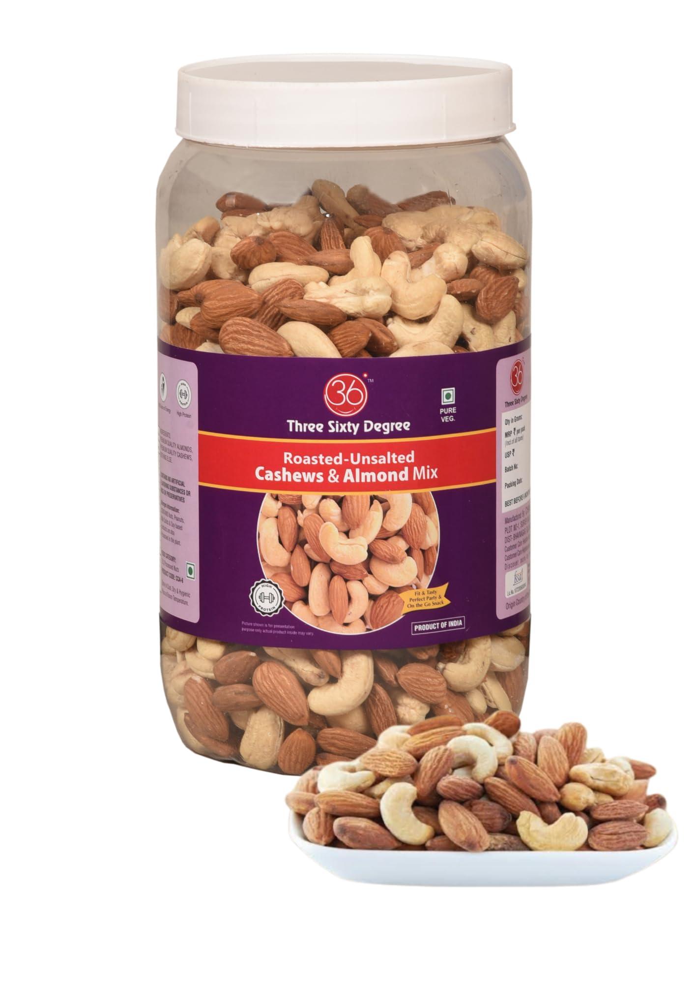 360 Three Sixty Degree 360 Roasted Whole Unsalted Cashew Almond Mix | Jumbo Jar 950 Grams | Crunchy Badam, Crunchy Kaju | High Protein, Nutritious, Super Tasty Snack