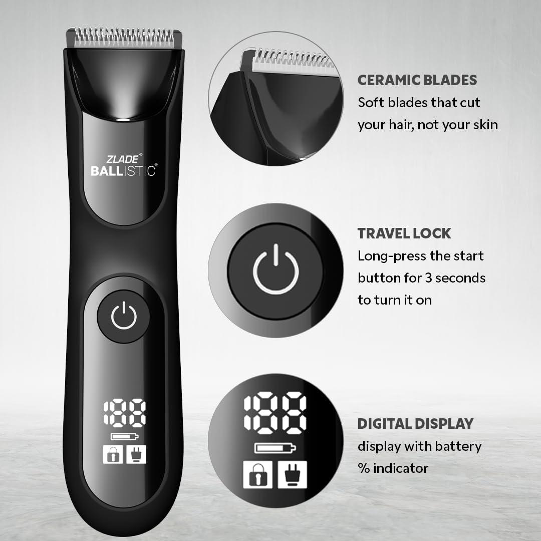 ZLADE Zlade Ballistic PRO Manscaping Body Trimmer for Men - Beard, Body, Pubic Hair Grooming - Waterproof, Cordless, Rechargeable - Smart Travel Lock, Digital Display, Black