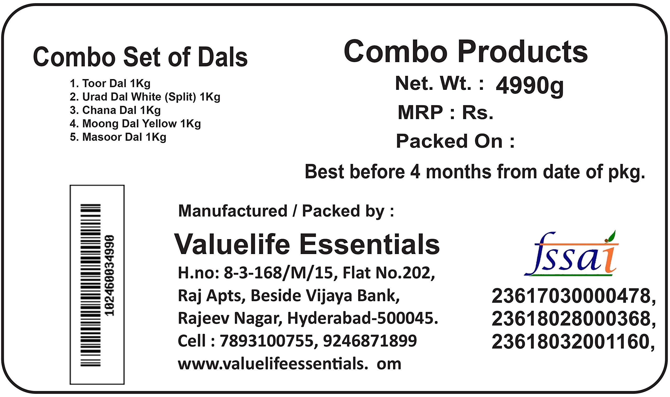 Value Life Valuelife Combo Dal Products 4990g - Toor Dal 1kg - Urad dal Whole (White) 1kg - Chana Dal 1kg - Moong Dal (Yellow) 1kg - Masoor Dal 1kg