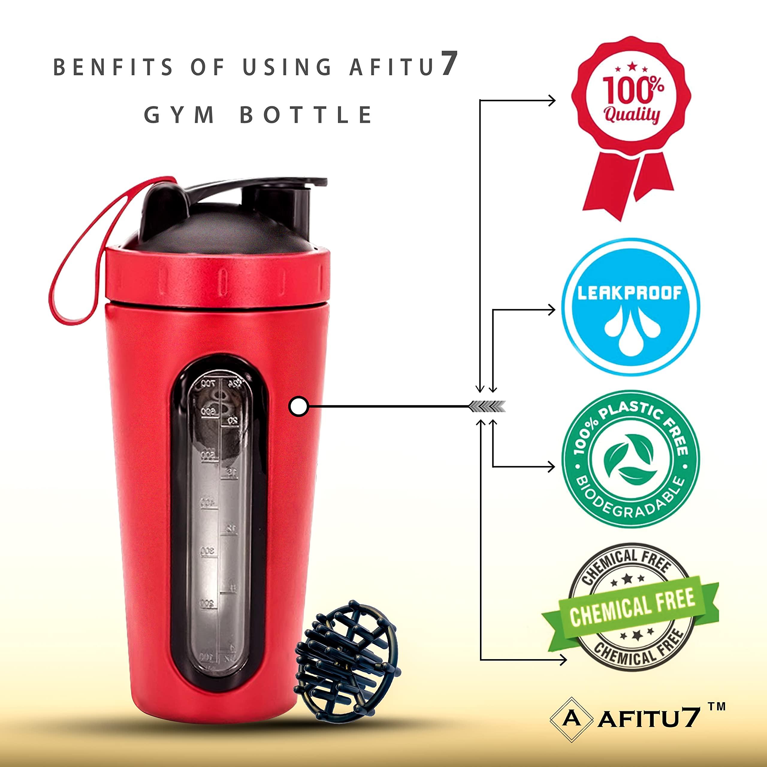 AFITU7 AFITU7 Stainless Steel Protein Shaker Bottle 750 ml, 100% Odorless & Leak-Proof Guarantee, Pre Workout and BCAAs, BPA Free Material Shaker Bottle + Mixing Ball (Red)