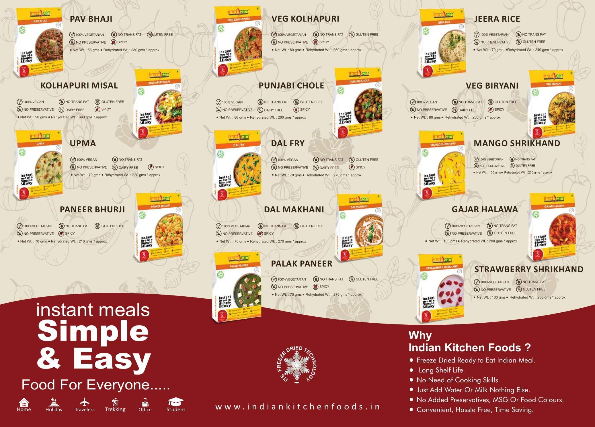 Indian Kitchen Foods Indian Kitchen Foods Freeze Dried Gluten-Free Ready to Eat Food | Instant Vegetarian Meal - Dal Rice Combo (2xJeera Rice, Dal Fry and Dal Makhani), Pack of 4