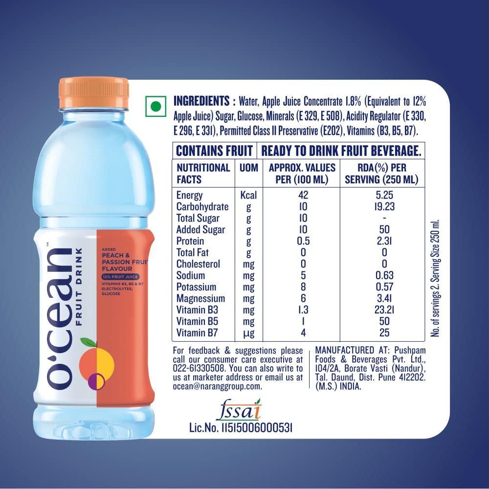 O'cean Fruit Drink Ocean Fruit Water Peach Passion flavor enriched with vitamins, electrolyte & glucose| 500ml | Pack of 6