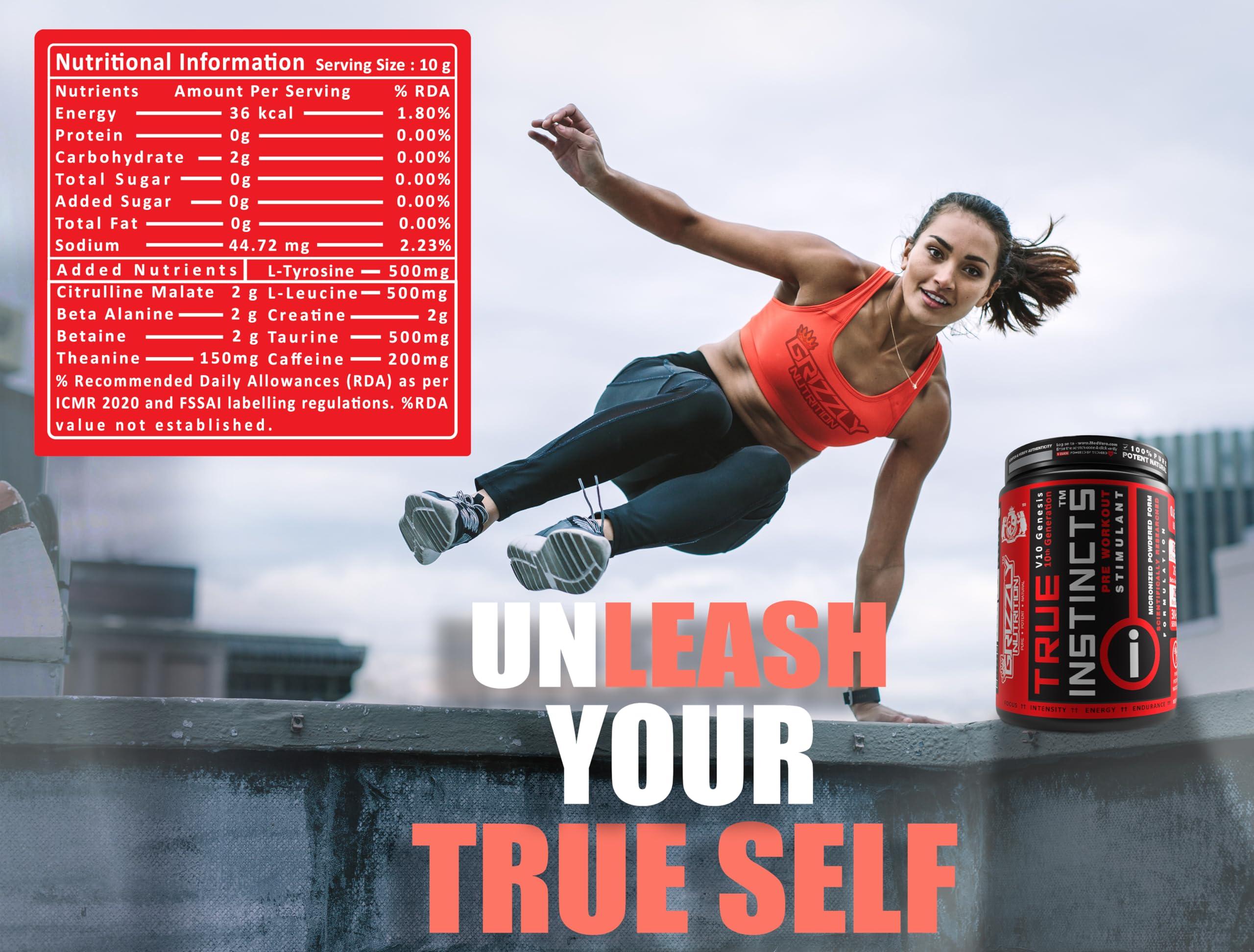 Grizzly Nutrition Grizzly Nutrition True Instincts Pre Workout (300gms Powder, Watermelon Tequila Flavour)- V6 Genesis-/6th generation/ upto 60 Servings, citrulline, beta alanine, theanine +13 performance boosters