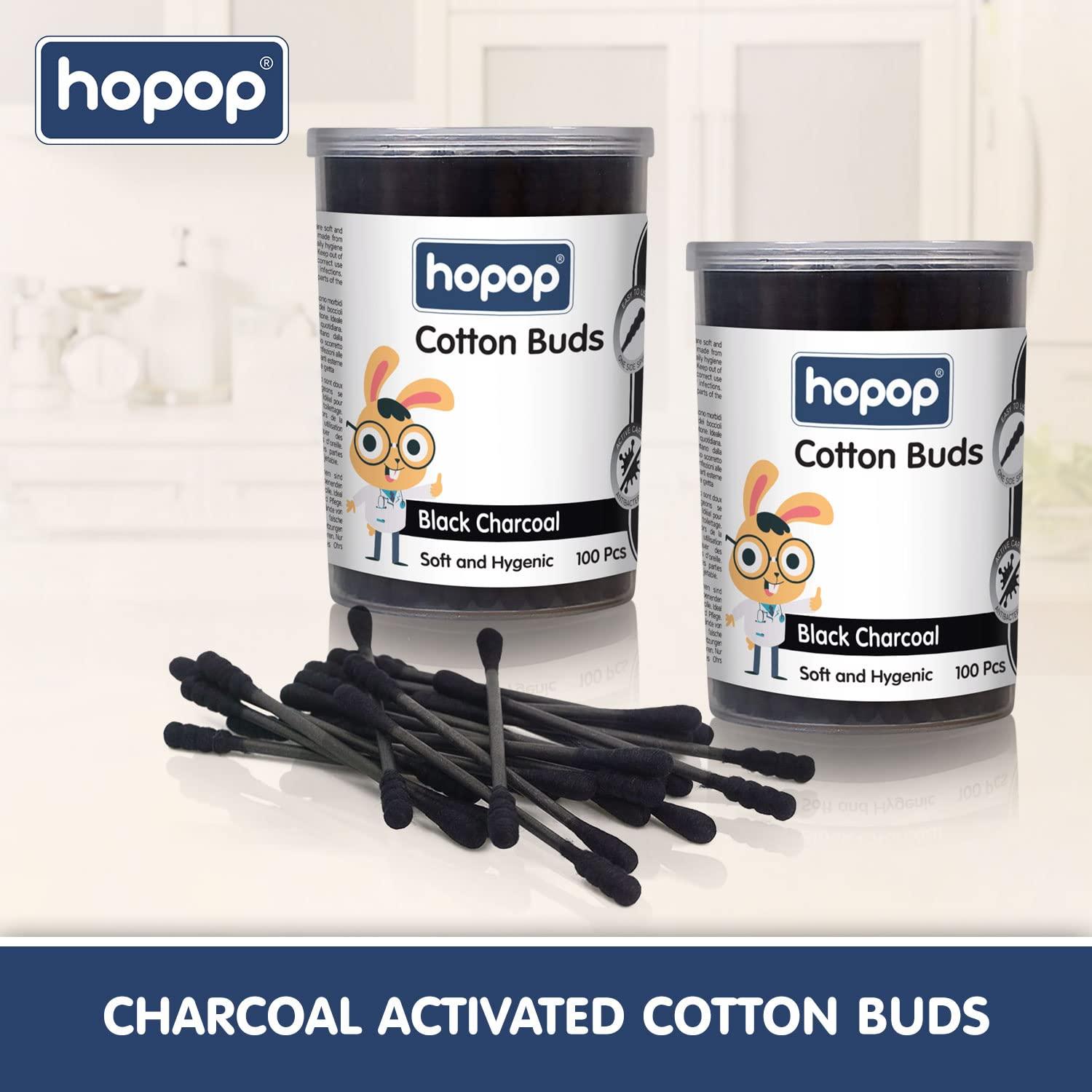 Hopop Hopop Cotton Buds | Baby Spiral Tip Paper Stem Charcoal Ear Cleaner Buds | BPA Free Cotton Swabs | 2 Pack | 100 Sticks/Pack | Black Charcoal