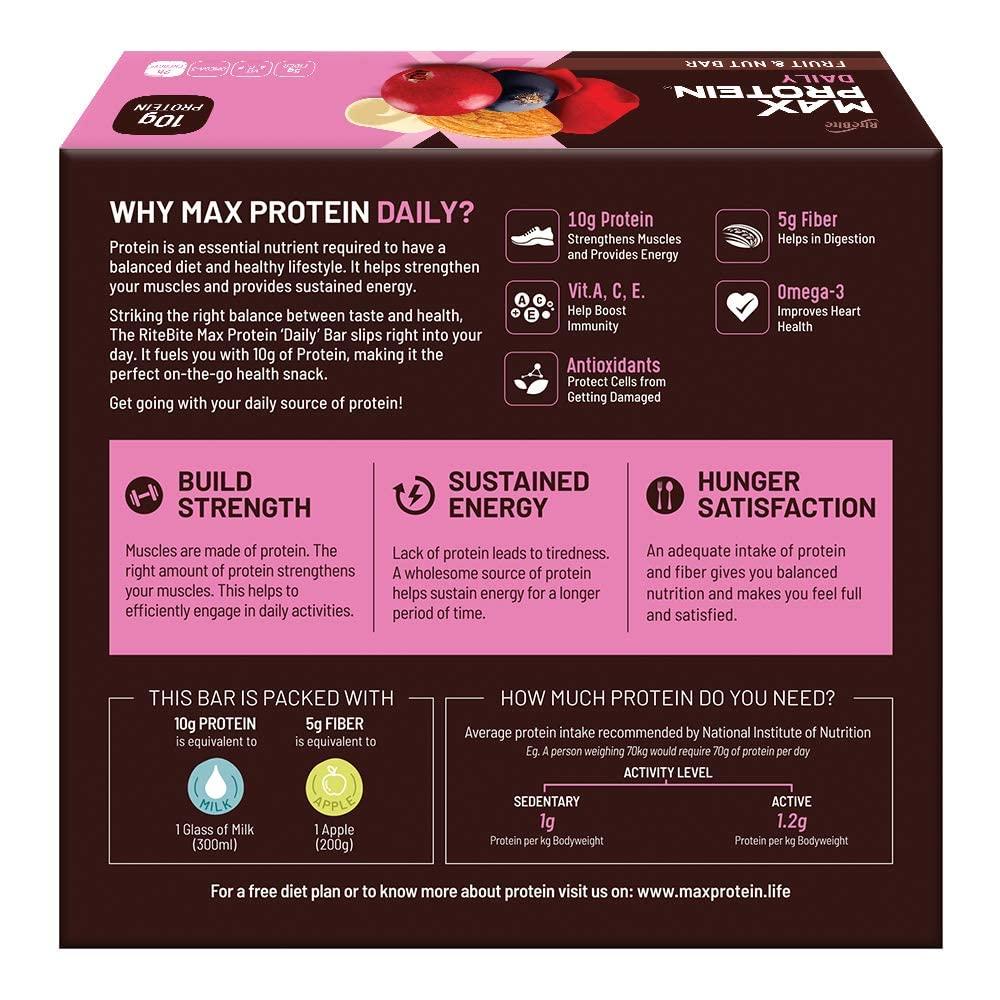 RiteBite Max Protein RiteBite Max Protein Daily Fruit & Nut 10g Protein Bars [Pack of 6] Protein Blend, Fiber, Vitamins A,C,E, No Preservatives, 100% Veg, For Energy, Fitness & Immunity - 300g