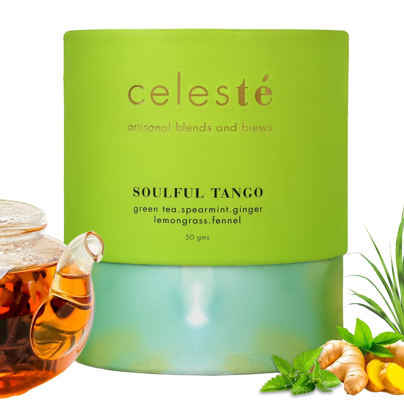 Celeste Celeste Green Tea SOULFUL TANGO Premium Whole Leaf, 100% Natural Ingredients Spearmint, Ginger, Lemongrass, Fennel and Green Tea, 50gm - 20 Cups