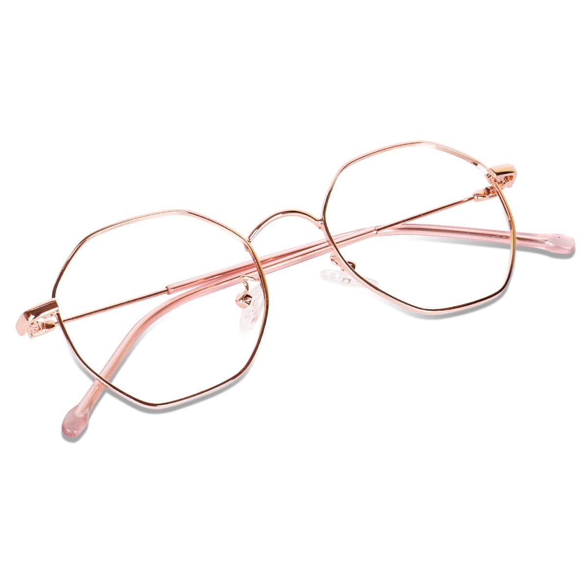 Poshh Eyewear Poshh Eyewear Hexagonal Shape Blue Cut Antiglare Zero Power Computer Eyeglasses For Men And Women | Blue Light Filtering Glasses For Computer And Mobile Use | 100% UV Protection (Rose Gold)