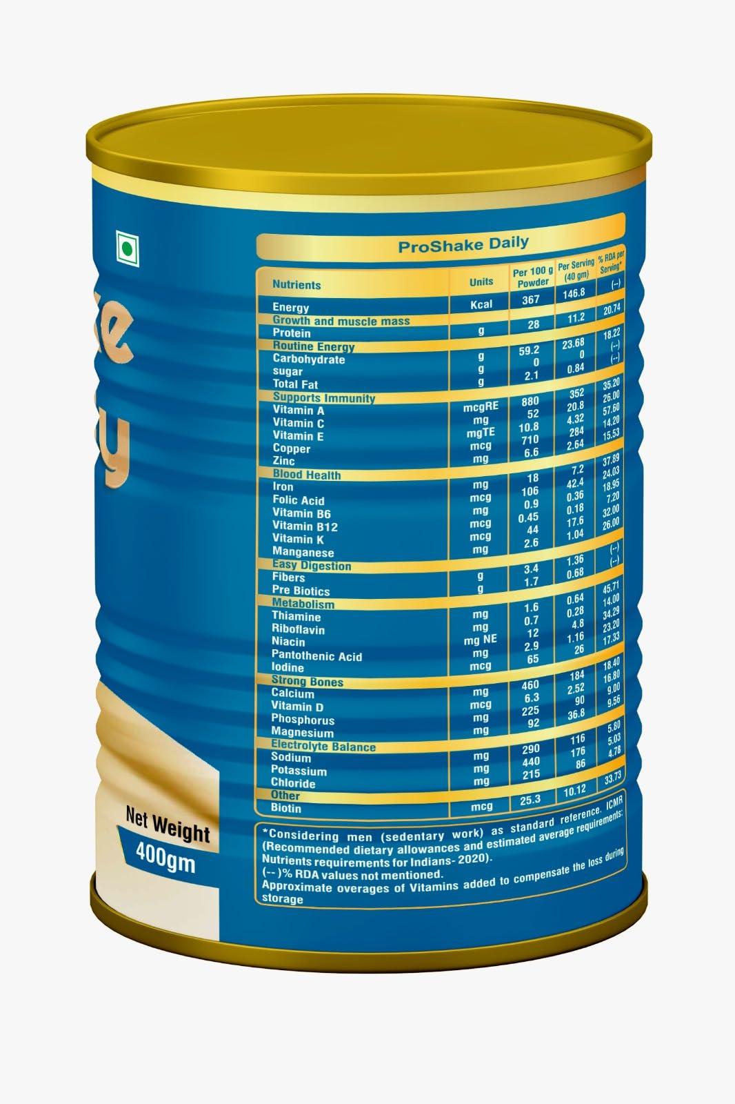 Proshake ProShake Daily | Family Nutrition, Complete and Balanced Nutrition Supplement For Adult and Elderly Humans, 100% Vegetarian Source, Chocolate Flavor, 400 gm Tin Pack