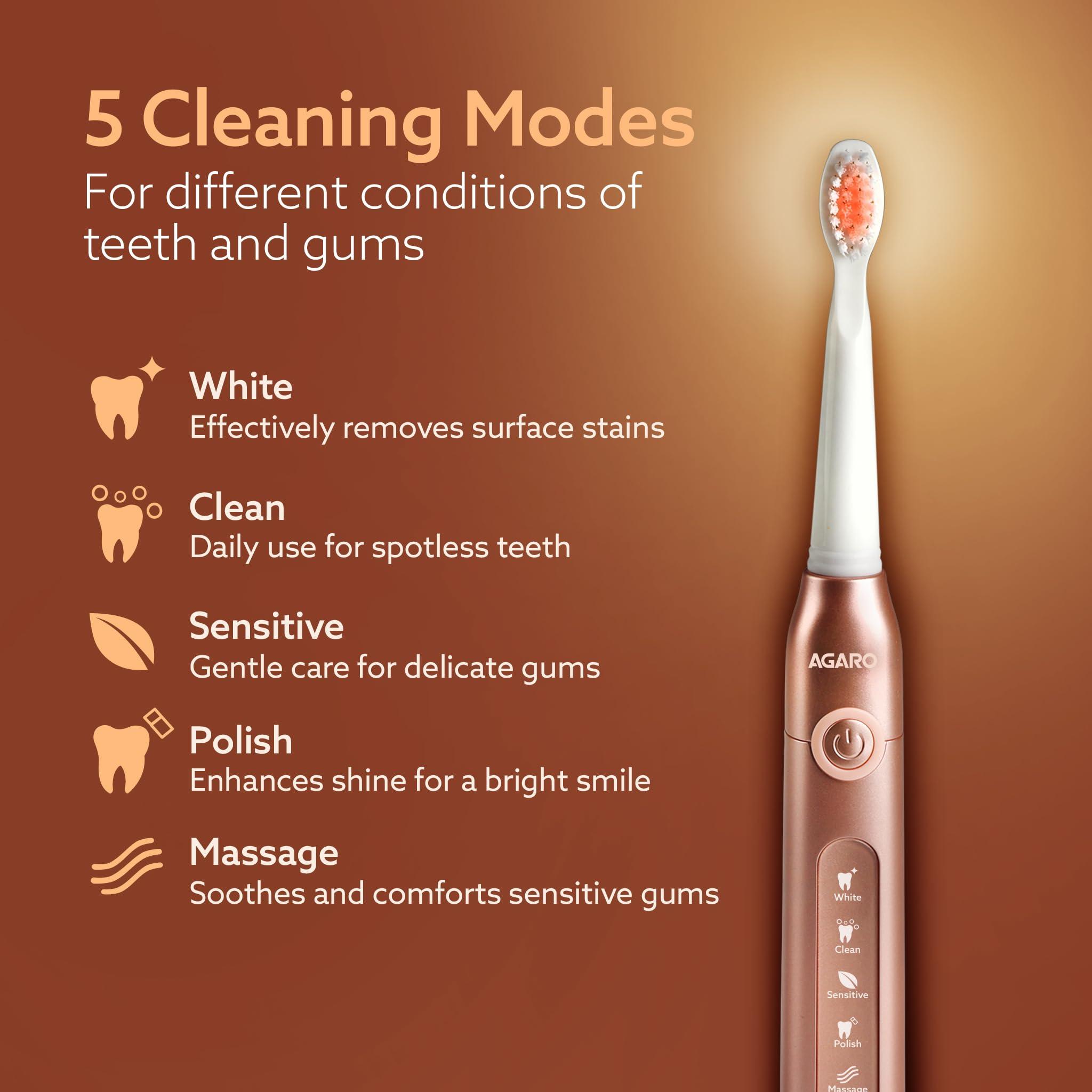 AGARO AGARO Cosmic Plus Sonic Electric Tooth Brush for Adults with 5 Modes, 5 Brush Heads, 1 Interdental Head, Carry Case & Rechargeable with 4 Hours Charge Lasting Up to 25 Days,Power Toothbrush(Rosegold)