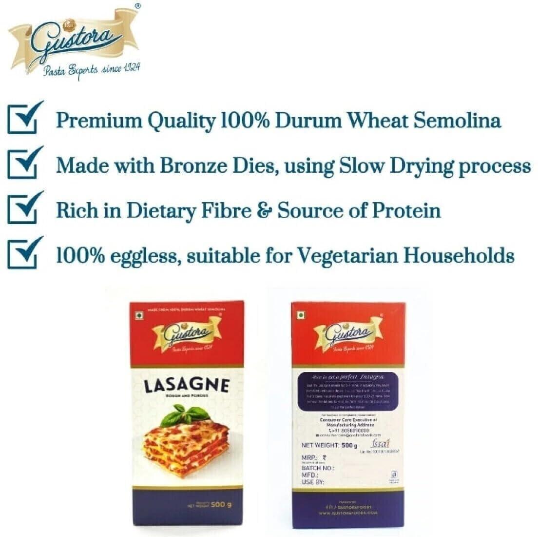 Gustora Gustora Ready to Eat Lasagane Luscious Pasta Sheets of Lasagne I 100% Durum Wheat Semolina Lasagne Sheets I Gluten Free I Vegetarian Instant Lasagne - 500G