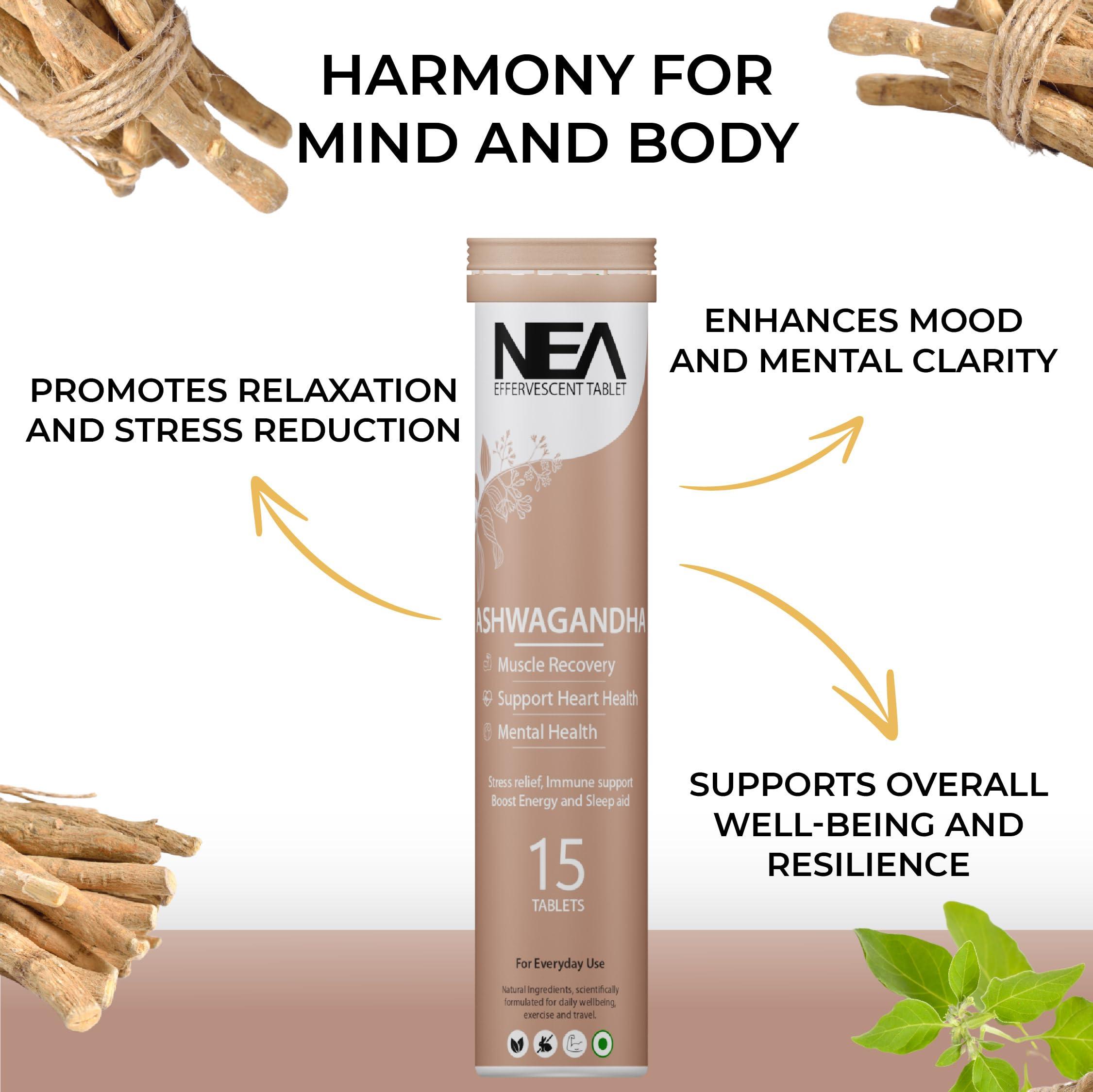 NEA Nea Ayurvedic Ashwagandha Effervescent Tablets | Stress Relief (45 Days Pack) | 3 Bottles of 15 Tablets Each