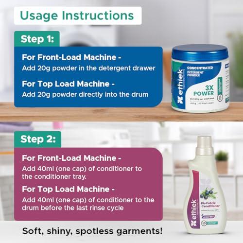 ETHIEK Ethiek Concentrated Detergent Powder (400g) & Fabric Conditioner (0.5L), Natural & Organic Detergent with 3X Power for Tough Stains and After Wash Fabric Softener, For Top & Front Load Machine - Combo