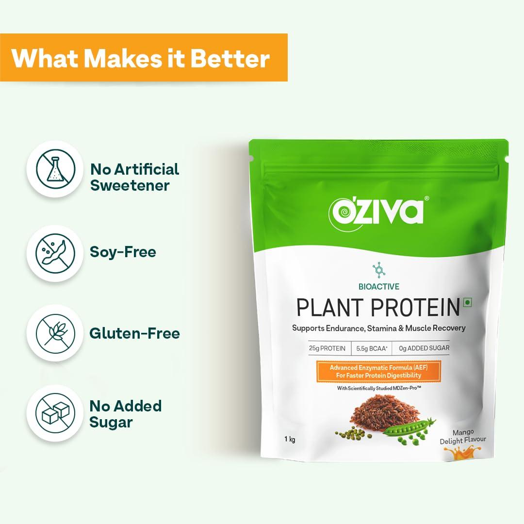 OZiva OZiva Bioactive Plant Protein for Everyday Fitness | 25g Protein - Pea Isolate | Complete Plant Protein Powder | No Added Sugar, Certified Clean & Vegan (Mango, 1kg + Shaker)
