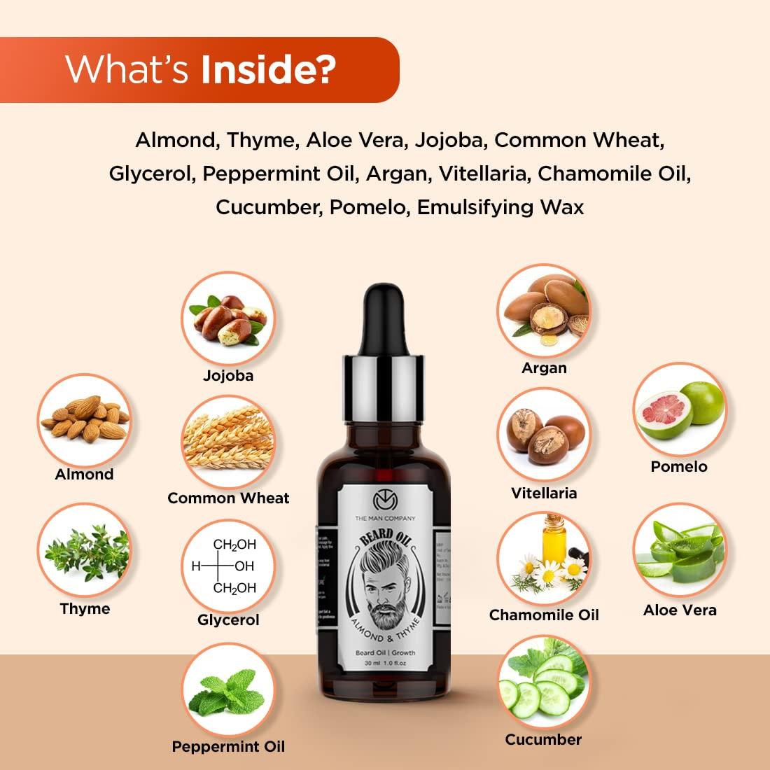 The Man Company The Man Company Beard Oil for Growing Beard Faster with Almond & Thyme, 100% NATURAL, Best Beard Growth Oil for Men, Nourishes & Strengthens Uneven Patchy Beard - 30ML