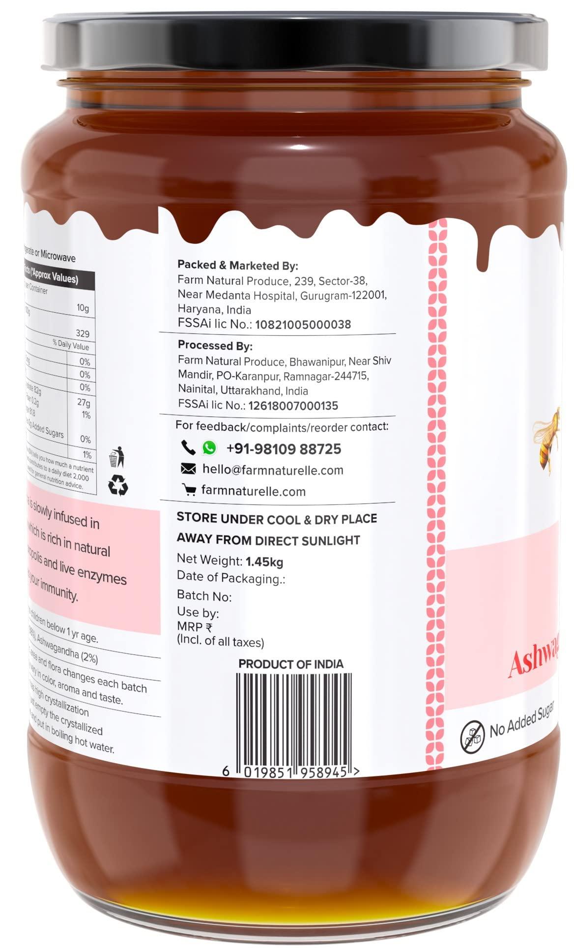 Farm Naturelle Farm Naturelle-Pure Raw Delicious and Immunity Booster Real Ashwagandha Infused Forest Honey,Immense Medicinal Value Naturally-1.45kg and a Wooden Spoon.