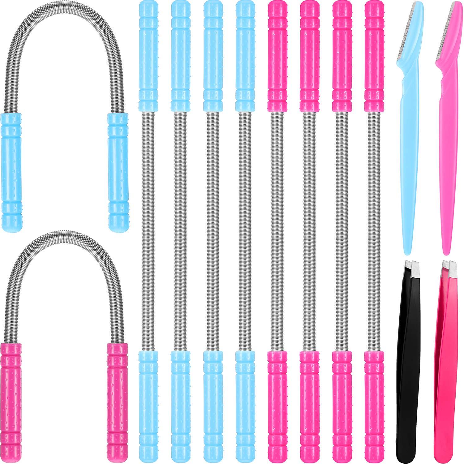 Hicarer 14 Pieces Facial Hair Remover Set Spring Epilator Hair Removal Springs Eyebrow Razors Beveled Tweezers Removes Hairs Women Face Threading Tool